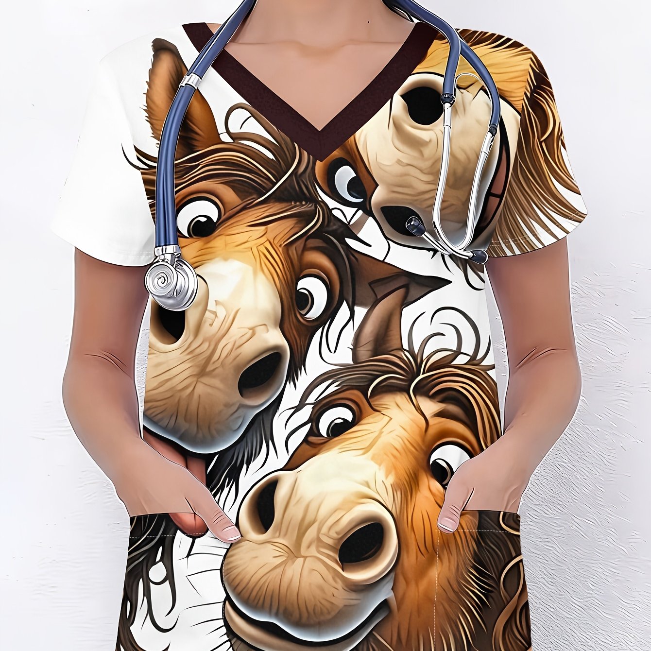 TEMU Women's Short-sleeve Nurse Uniform With A And Cute Cartoon Horse Face With Curly Hair And , V-neck Short-sleeve Top With Pockets, Fashionable