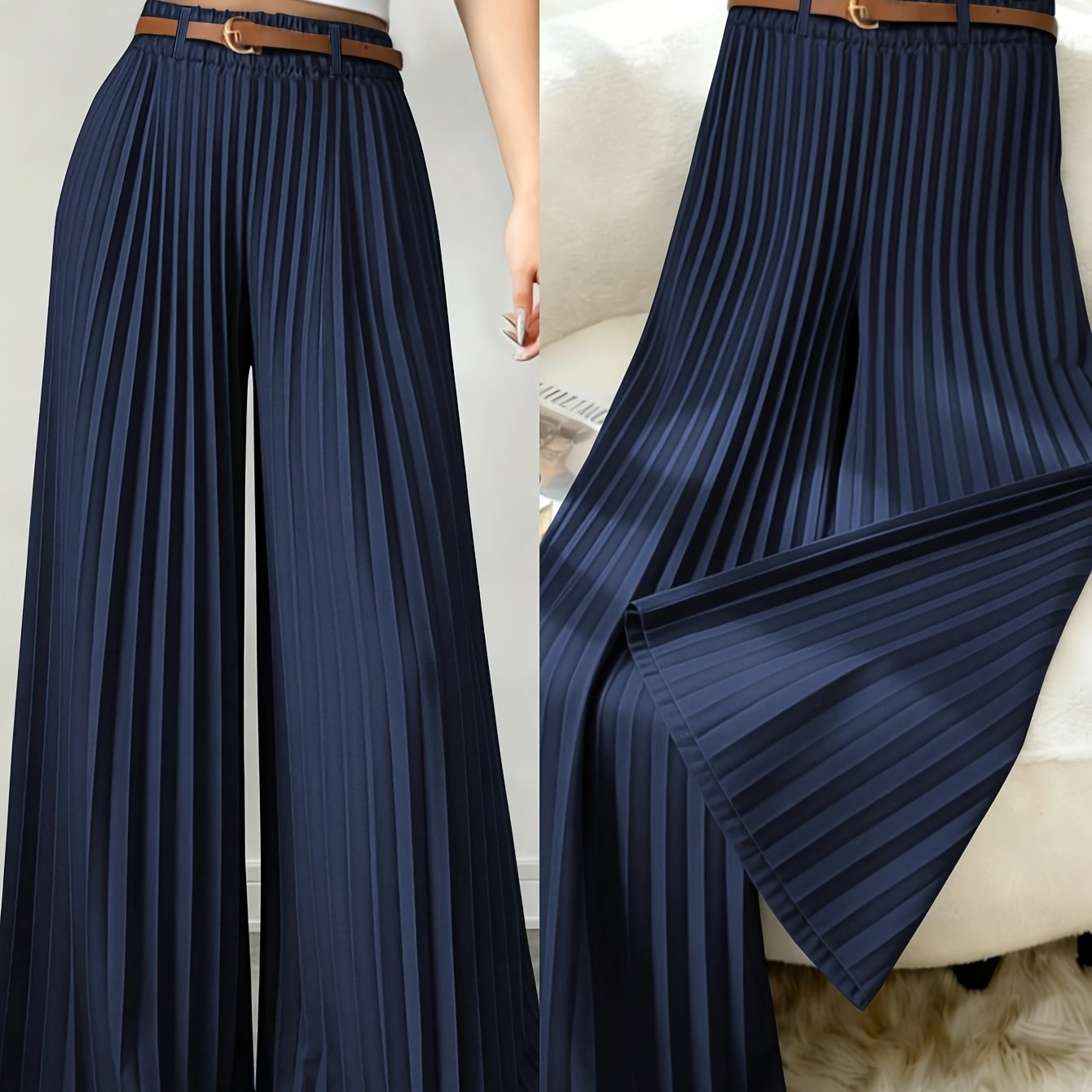 TEMU Asd1 Women's New Elegant Solid Color Stretch Waist Pleated Wide-leg Pants, Designed Specifically For Commuting, Belt Not Included