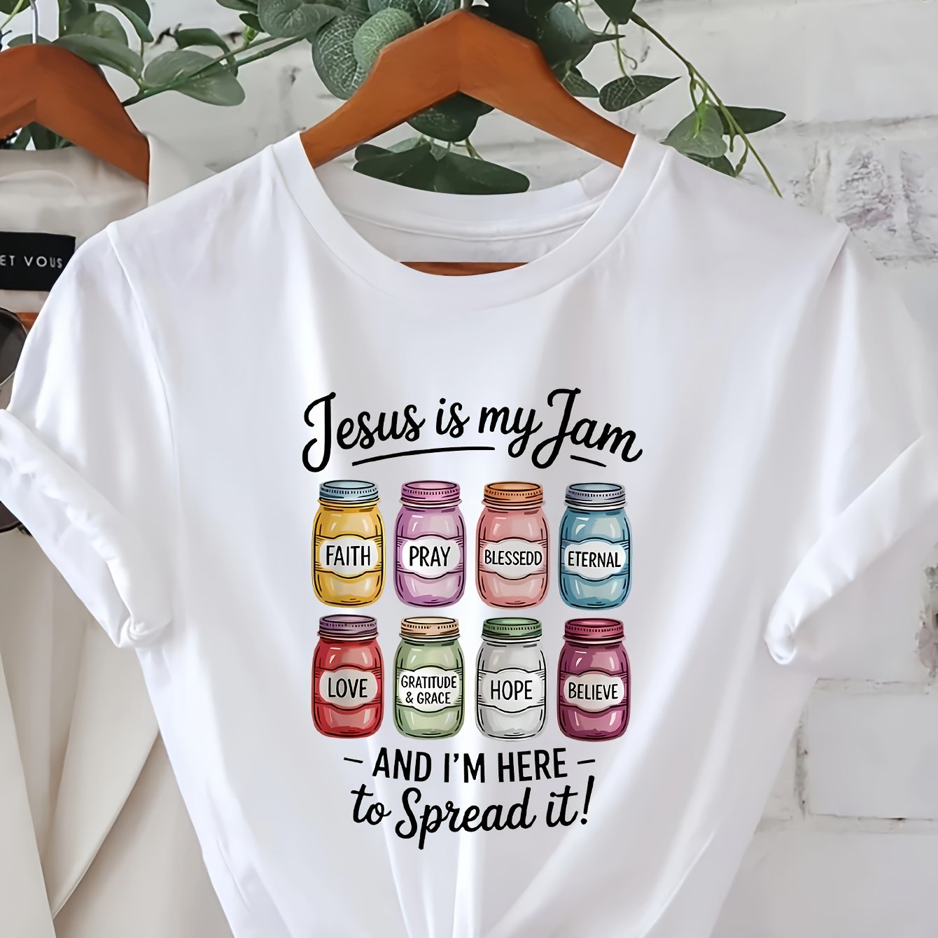 Christmas Sweatshirts For Women 2025 , Local 1pc Women's Casual Jesus Is My Jam Faith Pray Blessed Gratitude Believe And It 2d T-shirt, 100% Short Sleeve Crew-neck, Regular, 2d Flat