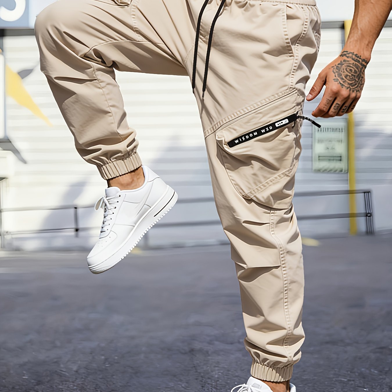 Image of Men's Outdoor Cargo Work Pants With Large Zippered Pockets, Adjustable Drawstring Waist, Suitable For , Lightweight And Breathable. -casual Pants, Ideal For Outdoor Sports, Casual Daily Wear