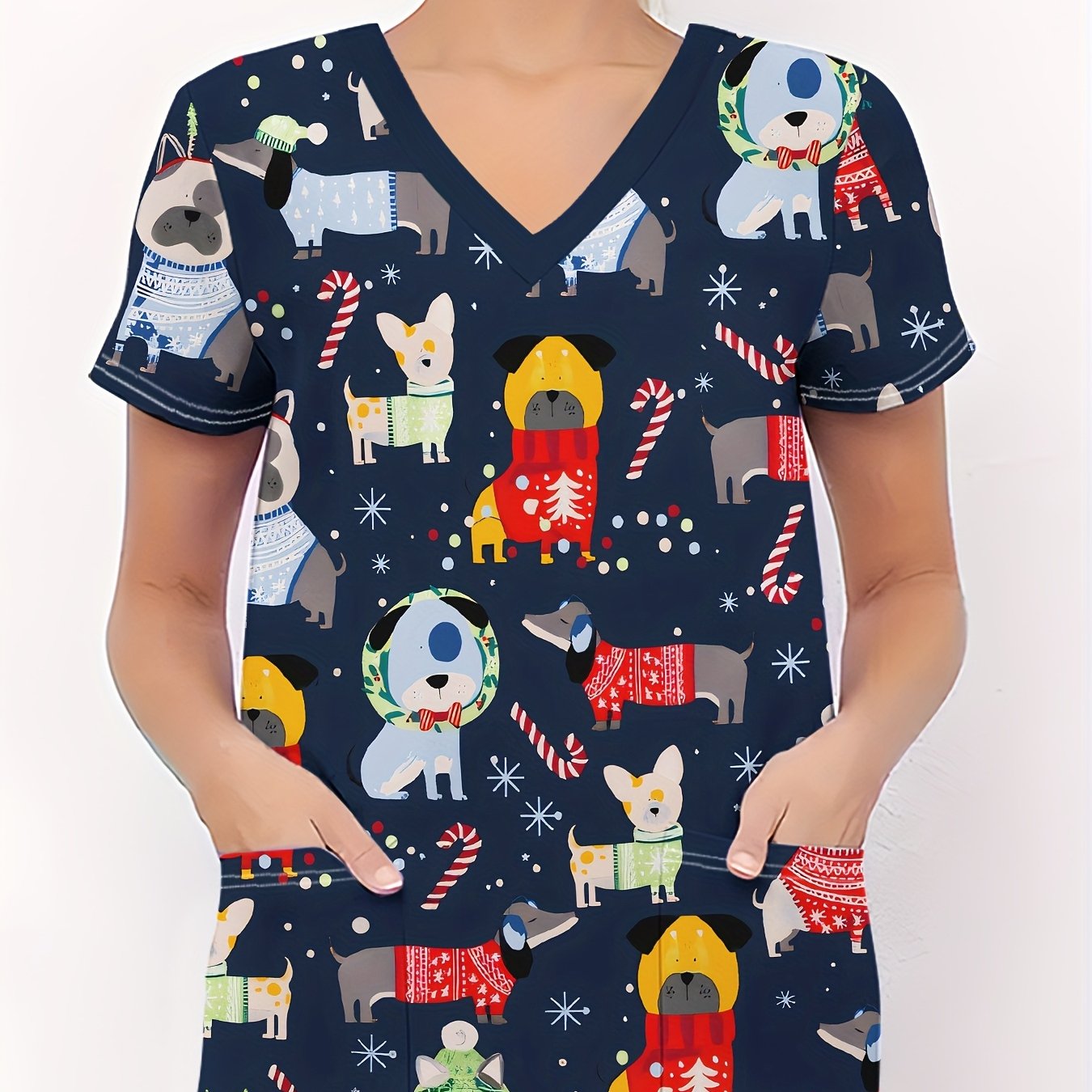TEMU Christmas Women's T-shirt, Dog Print Women's Nurse Uniform, Soft Women's V-neck Short-sleeve T-shirt, Functional Women's Nurse Uniform
