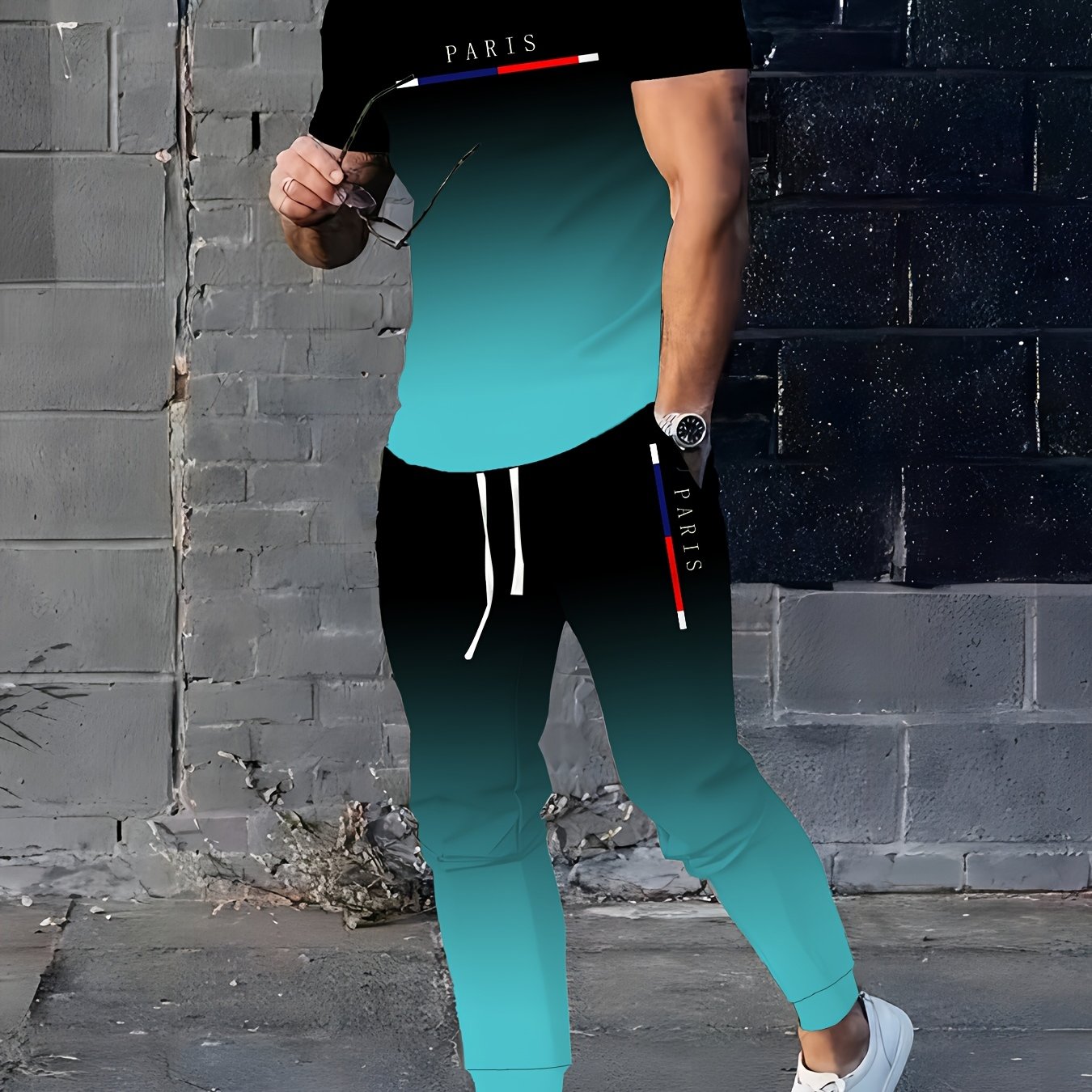 TEMU Men's Fashion Parisian Simple 2pcs Sportswear Set, Short-sleeved T-shirt And Long Pants, Sportswear