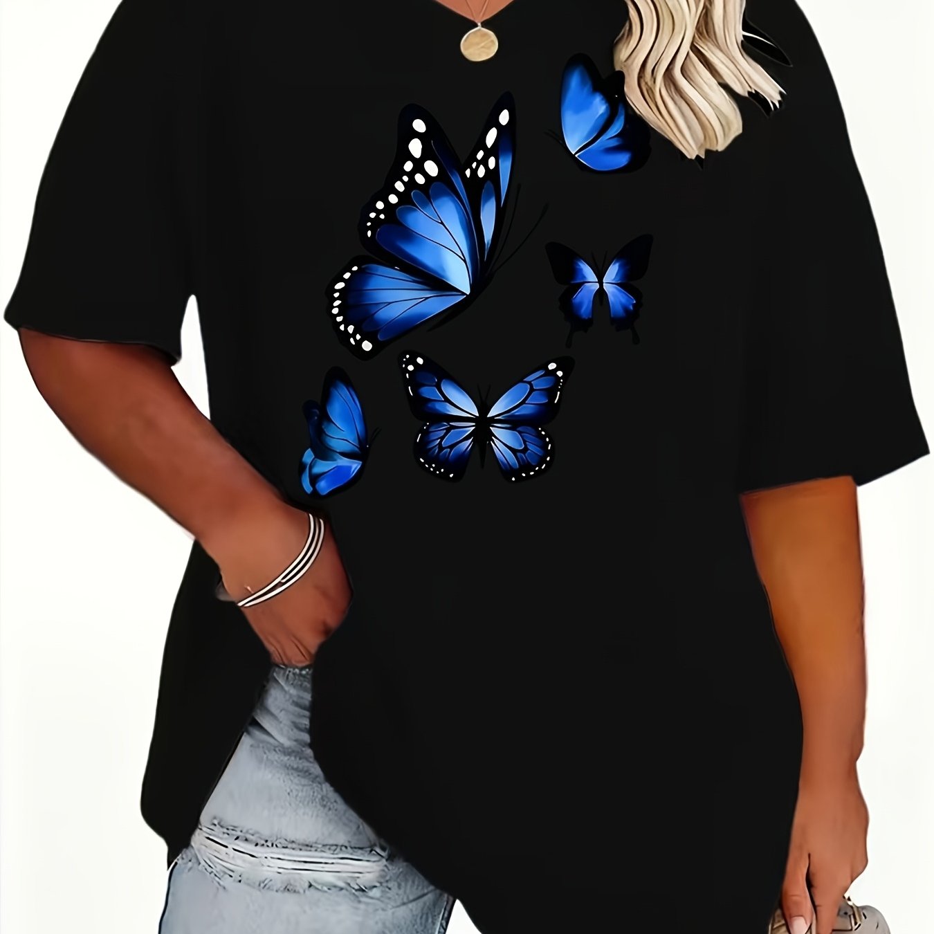 TEMU Plus Size - Plus Size - Plus Size Women's V-neck Solid Color Geometric Pattern T-shirt