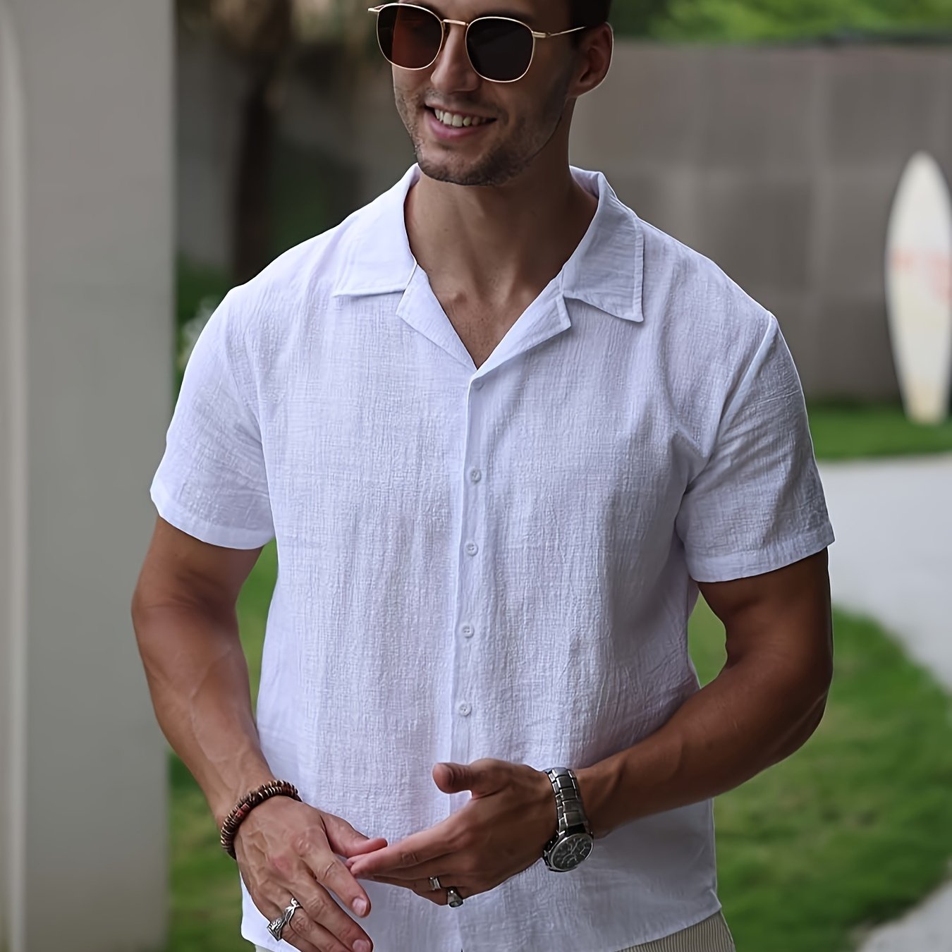 Men&#39;s Casual Linen Short Sleeve Shirt with Button-Up Collar - Perfect for Beach &amp; Summer Outings, Machine Washable