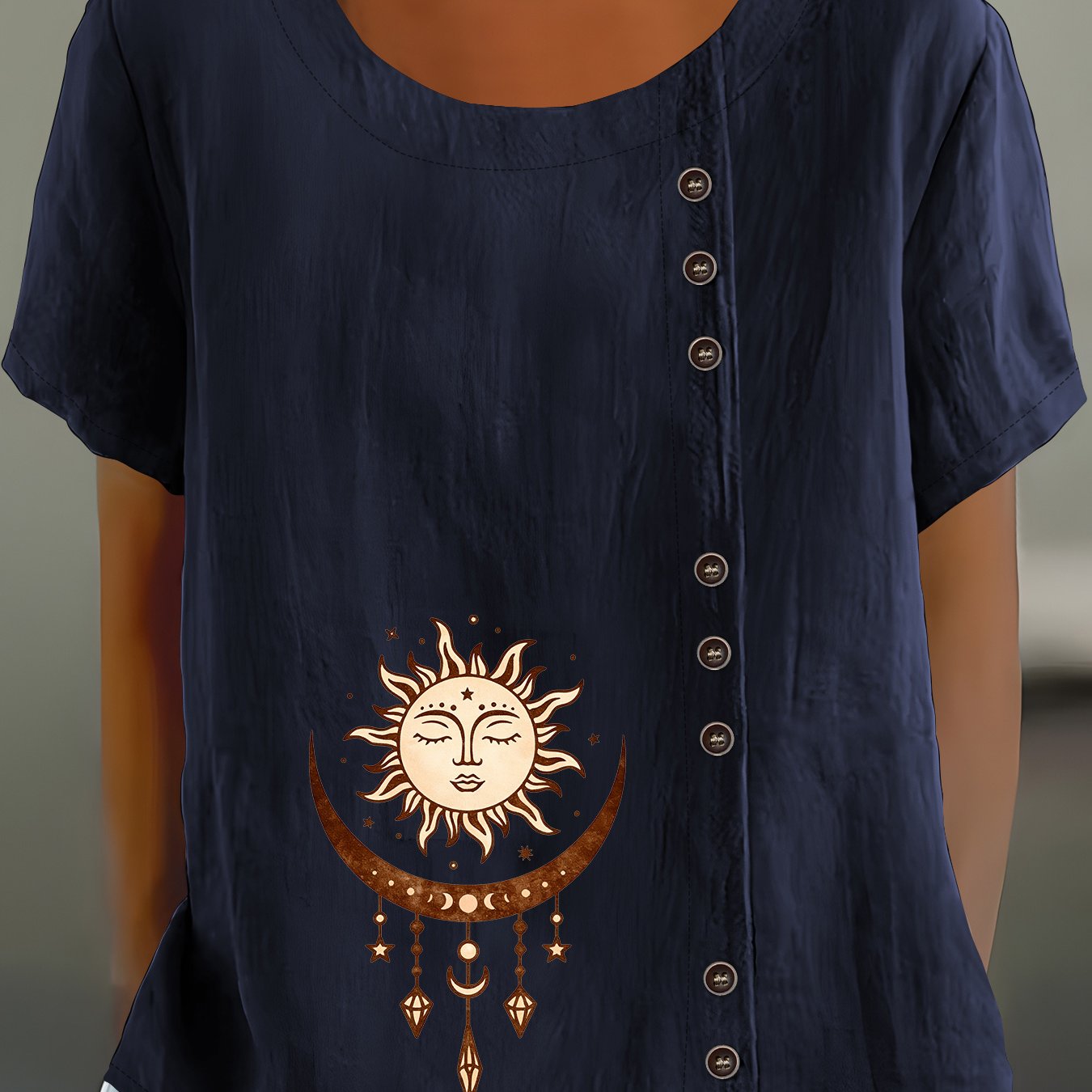 TEMU Women's Bohemian Short-sleeve Button-up Shirt - Loose-fit Round Neck Top With Letter & Suitable For - Wear, Breathable Machine Washable Button