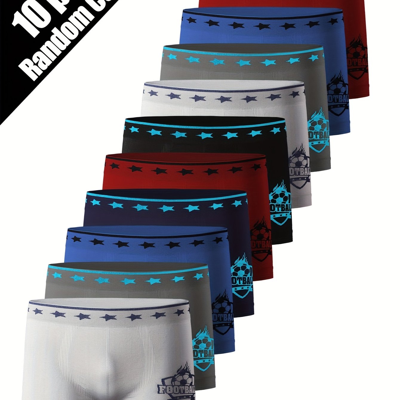 Image of Ten Pairs Of Boys' Athletic Boxer Briefs With Random Soccer Print, High-stretch, Breathable, Comfortable, And Soft For Older Boys' Daily Wear Star High Waist Sporty Summer Ribbed