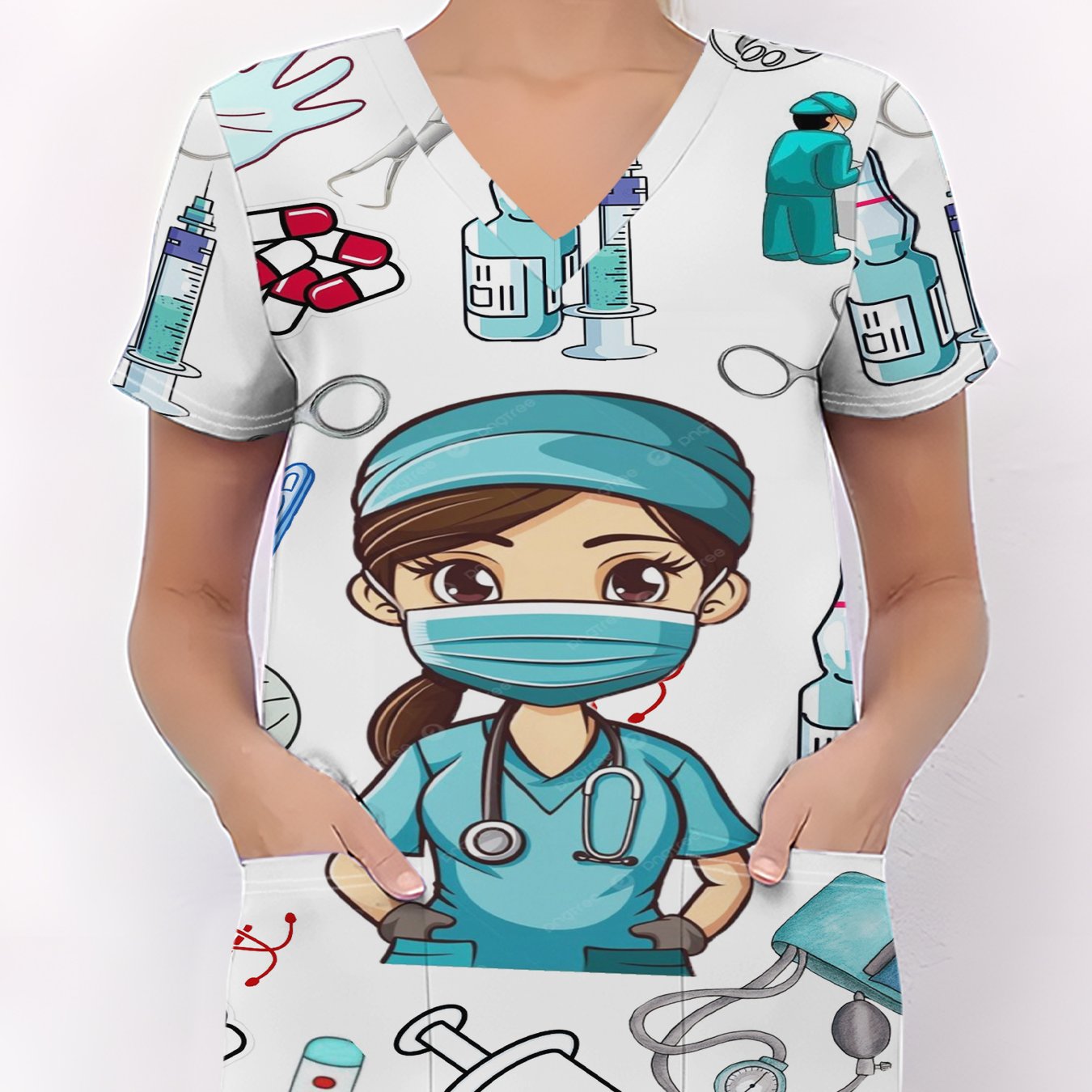TEMU Women's Fashion V-neck Short-sleeve Uniform With Pockets, Featuring Vivid Cartoon Elements, Breathable, Casual, And Elegant Style, Suitable For
