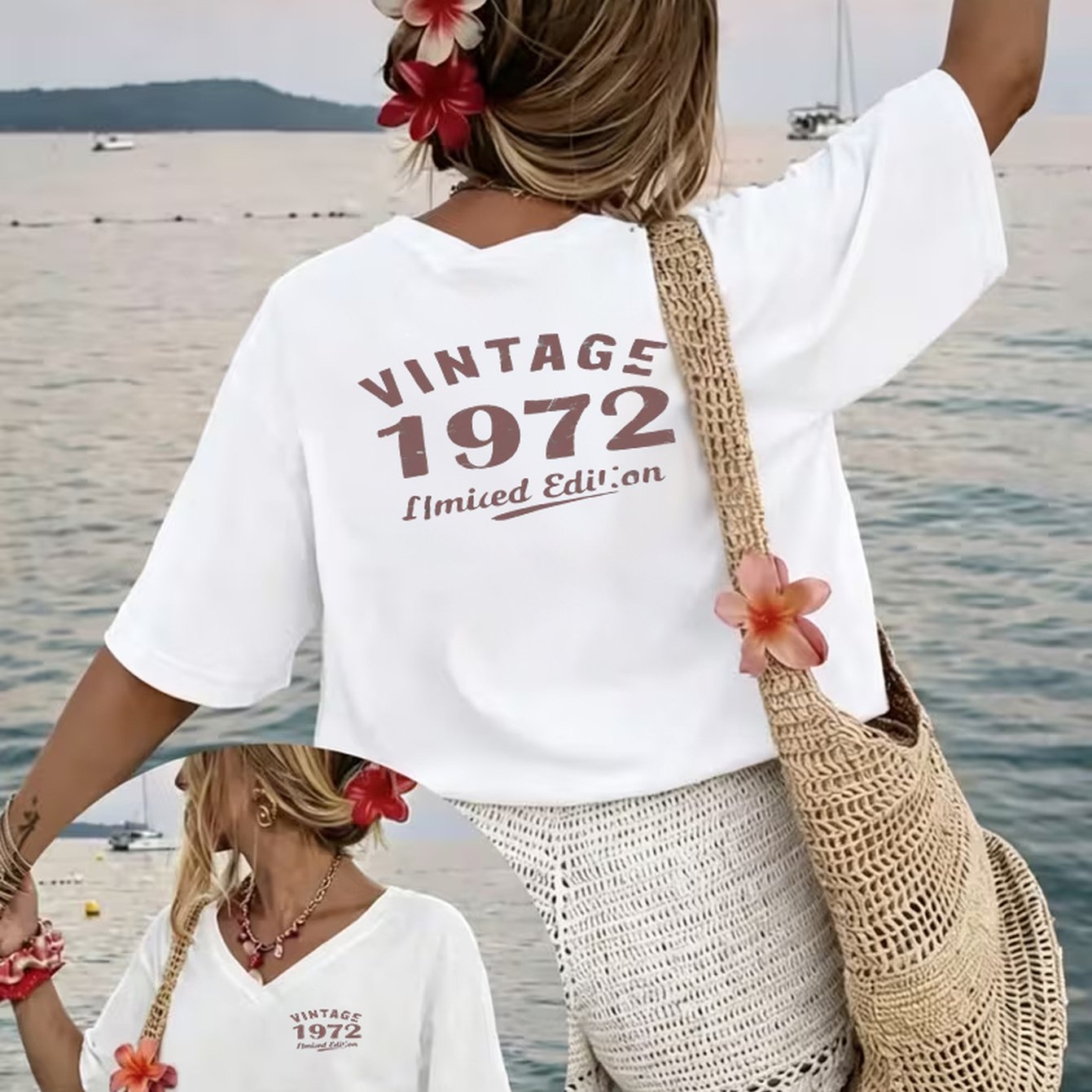 TEMU Plus Size 1xl-8xl V-neck T-shirt Women's Summer Vintage 1972 Edition Casual Loose White Tee