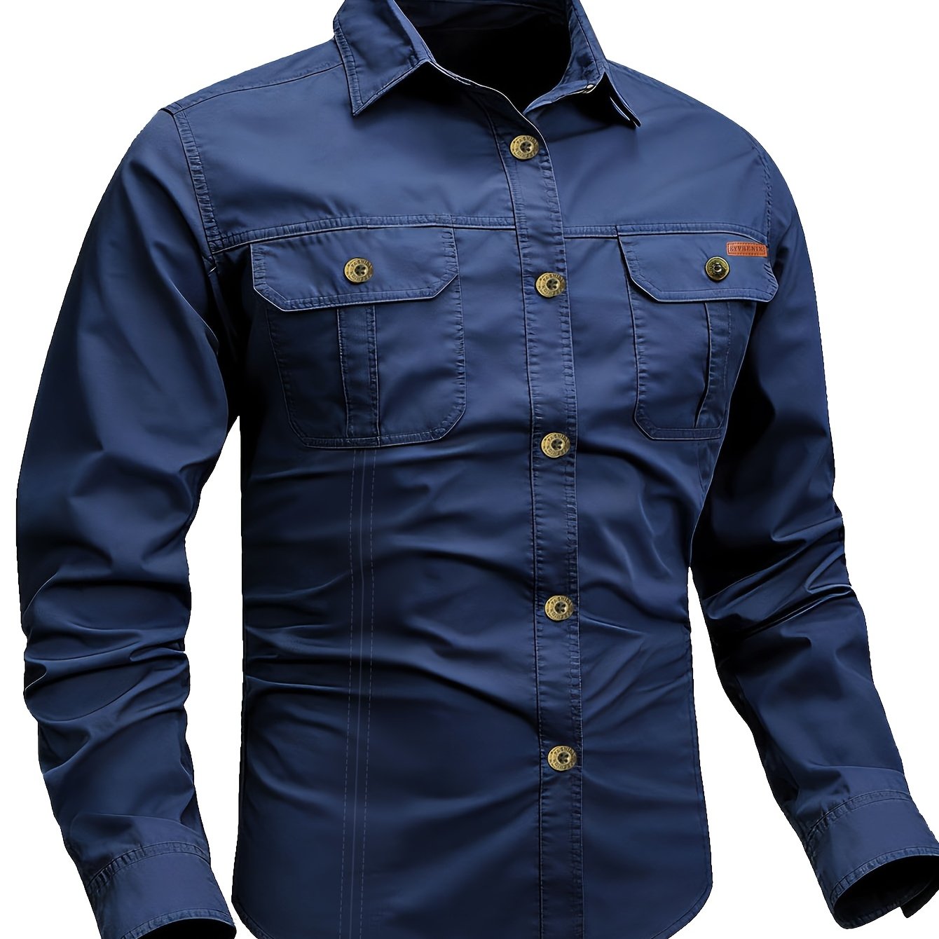 Men's Blue Long Sleeve Button Neck, Solid Color Retro Style Work Pants Pocket Elastic Casual Dew Picnic Camp Shirt