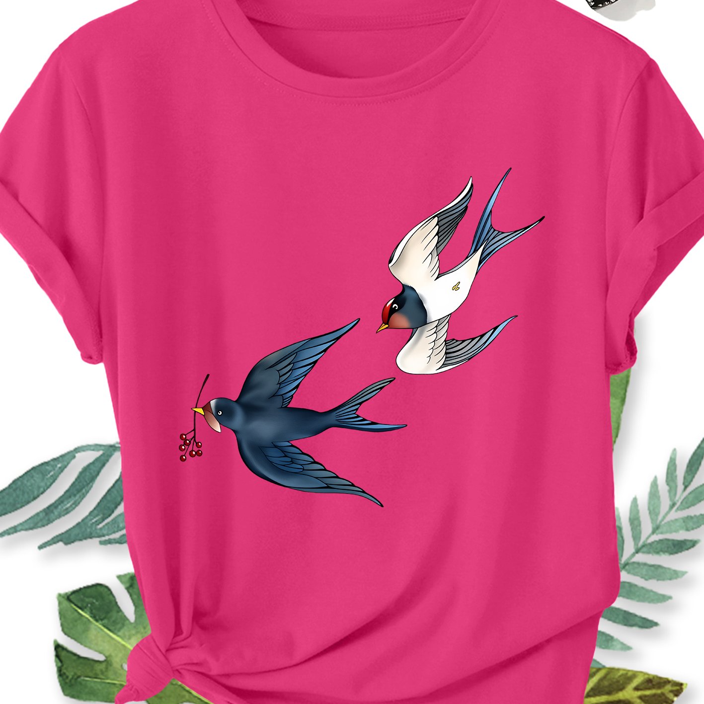 TEMU Women's Plus Size Short Sleeve Blouse Top Suitable For Bird/ - Hand-painted Swallow & Print Round Neck Shirt, Soft Breathable Fabric, Machine