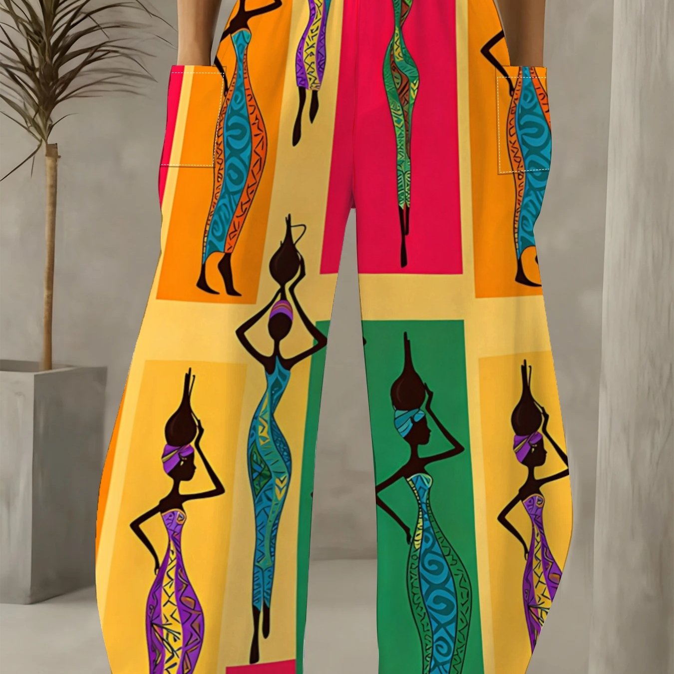 TEMU African Silhouette Print Wide-leg Pants, With Orange, Yellow, Red, And Green Color-blocking Base, Featuring Of African Women In , Exuding A Rich