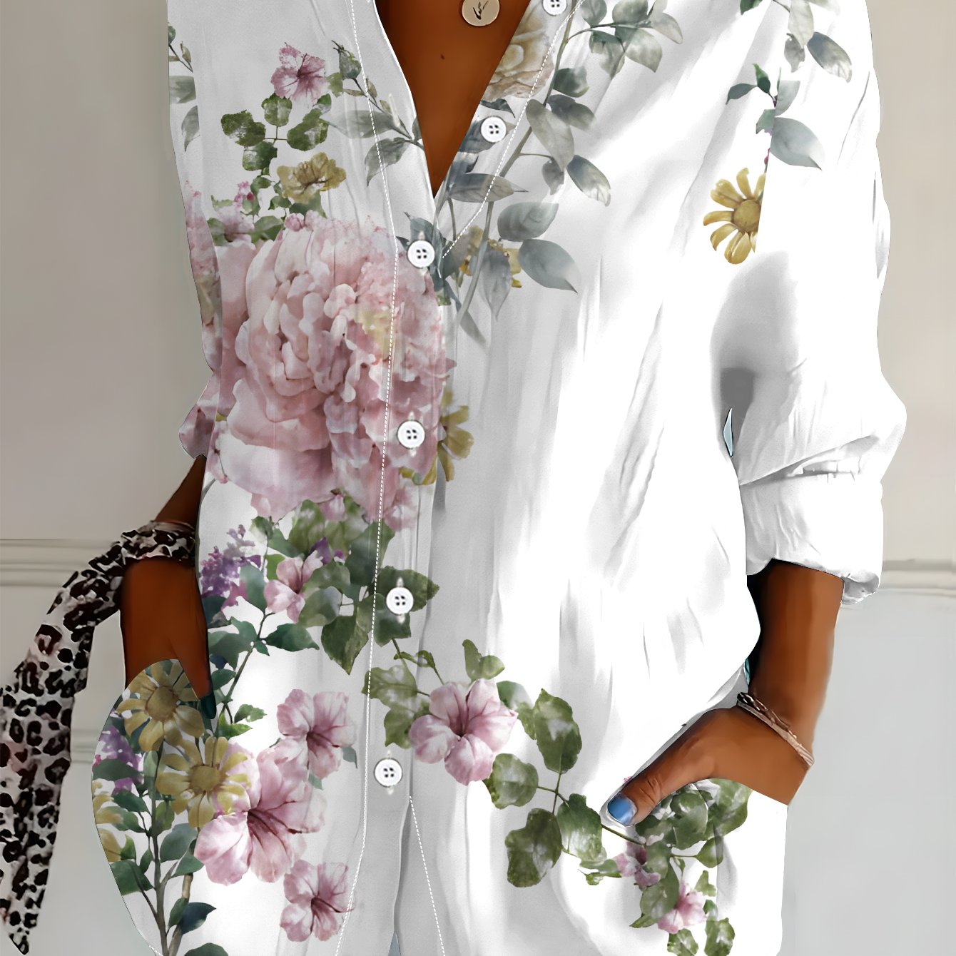 TEMU Plus Size Women's Long Sleeve Shirt, Floral Style Printed Blouse, Mid-length Shirt, Light Pink Series Casual Shirt, Soft And Comfortable,