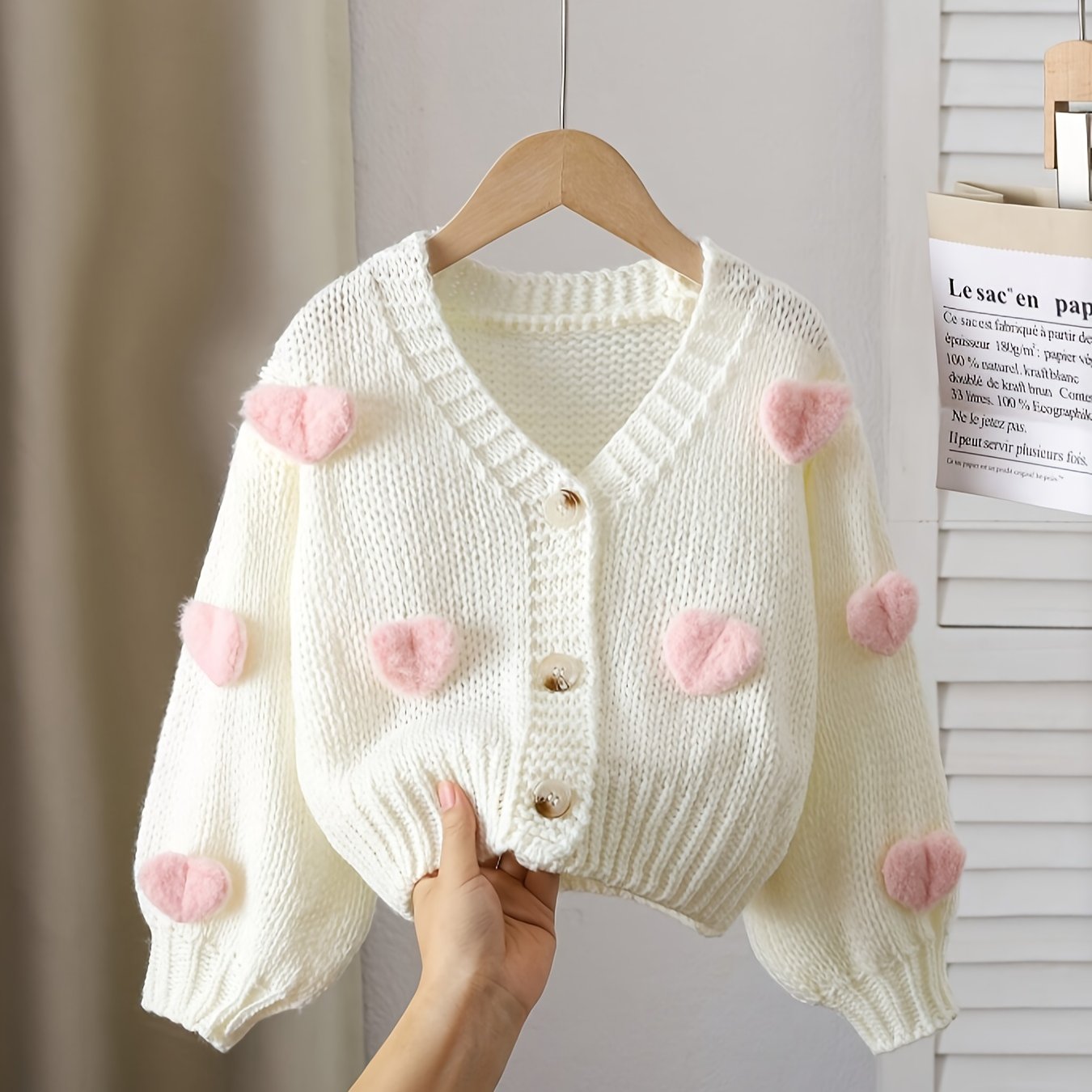 E-shop Lässig, Süß, Bequem, Weich, Schlicht, Warm. Elegant, 3D-Herzförmige Laternenärmel, Locker Strick-Cardigan-Pullover, Cropped-Stil. Geeignet zum