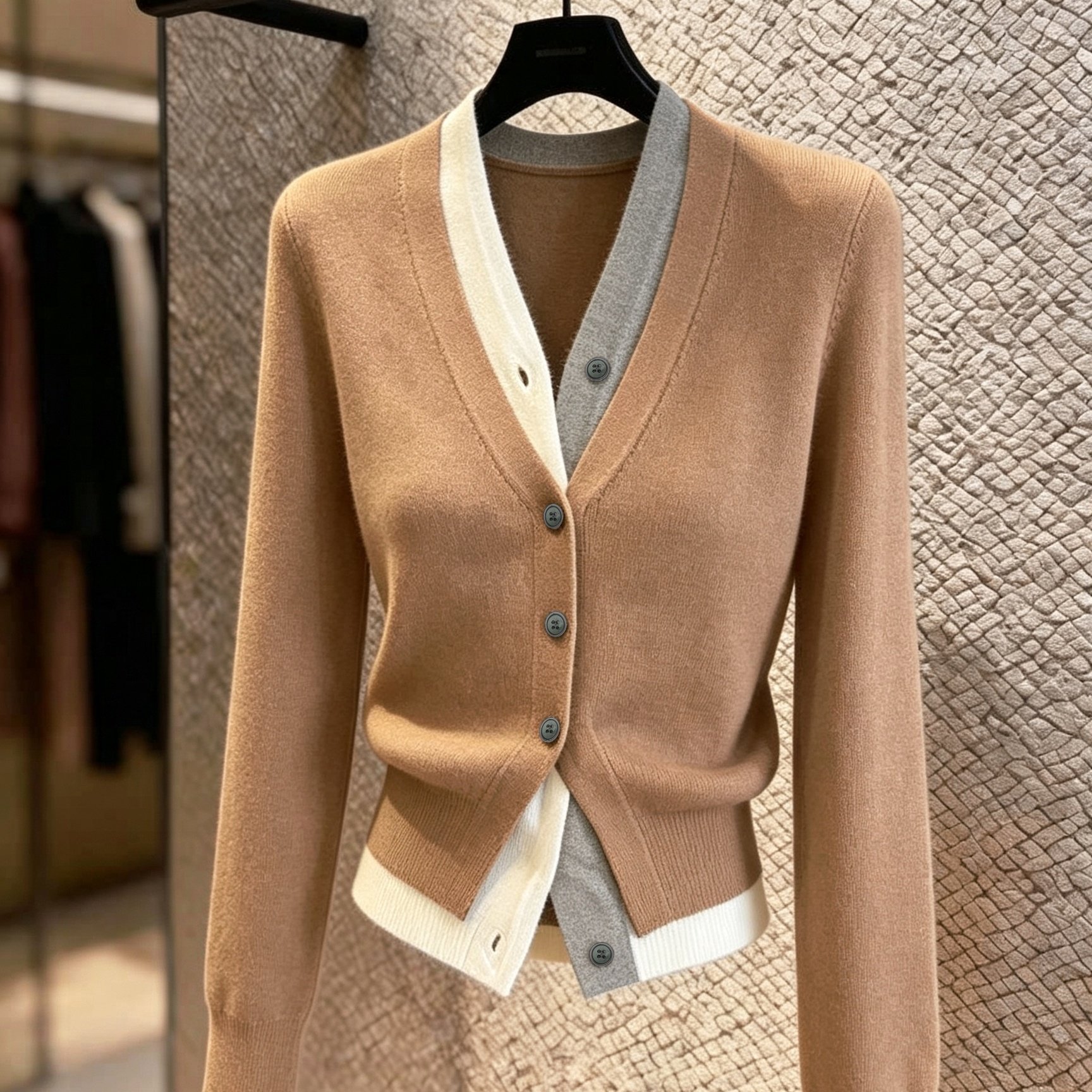 TEMU Cardigan Automne Hiver Femme, Fausse Deux Pièces Patchwork Col en V, Coupe Ajustée, Bouton Unique, Manches Longues avec Ourlet à Poignets, Peut