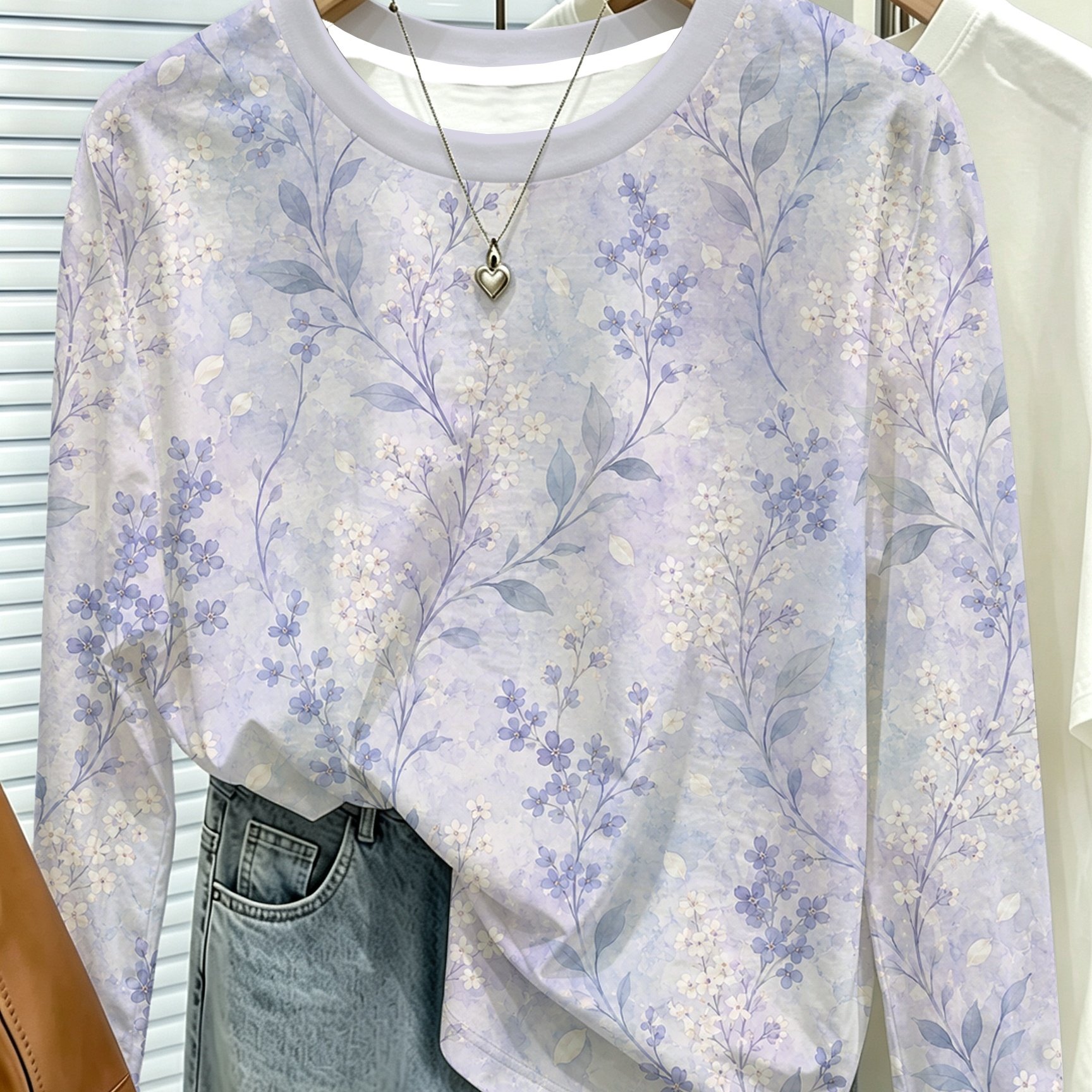 TEMU Gentle Purple Floral Round Neck Long Sleeve T-shirt, Light And Elegant Print With Branches And Leaves, Fresh And . Loose And , Relaxed Top.