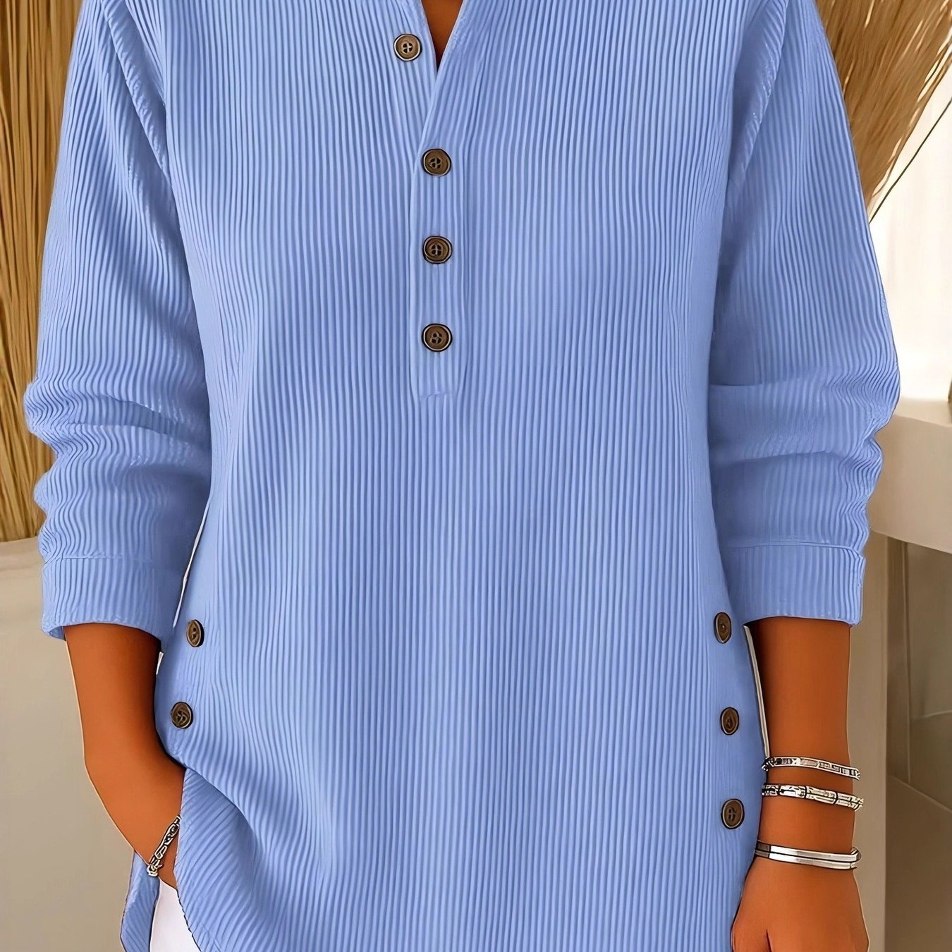 Image of New Autumn-winter Light Corduroy Solid-color Loose Casual V-neck Button-up Long-sleeve Women's Top T-shirt