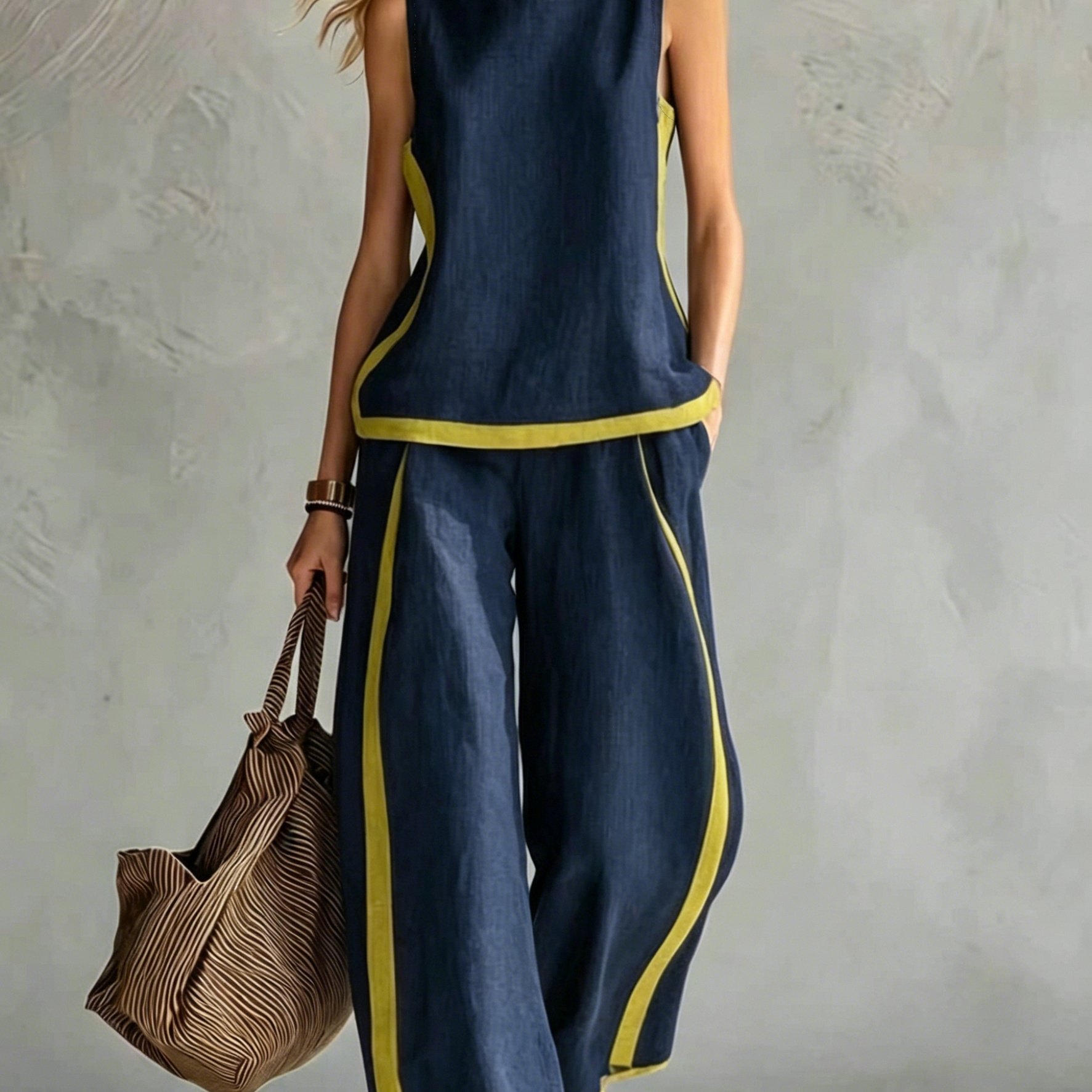 item picture elegant casual set sleeveless top and pants womens outfit yellow trim casual   minimalist style outfit 2pcs set