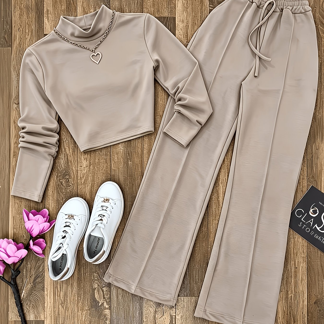 TEMU Women's Autumn/winter New Arrival Two-piece Set, Soft Solid Color Crewneck Top, Draped And Smooth Solid Color Pants, Perfect For, Casual Wear,
