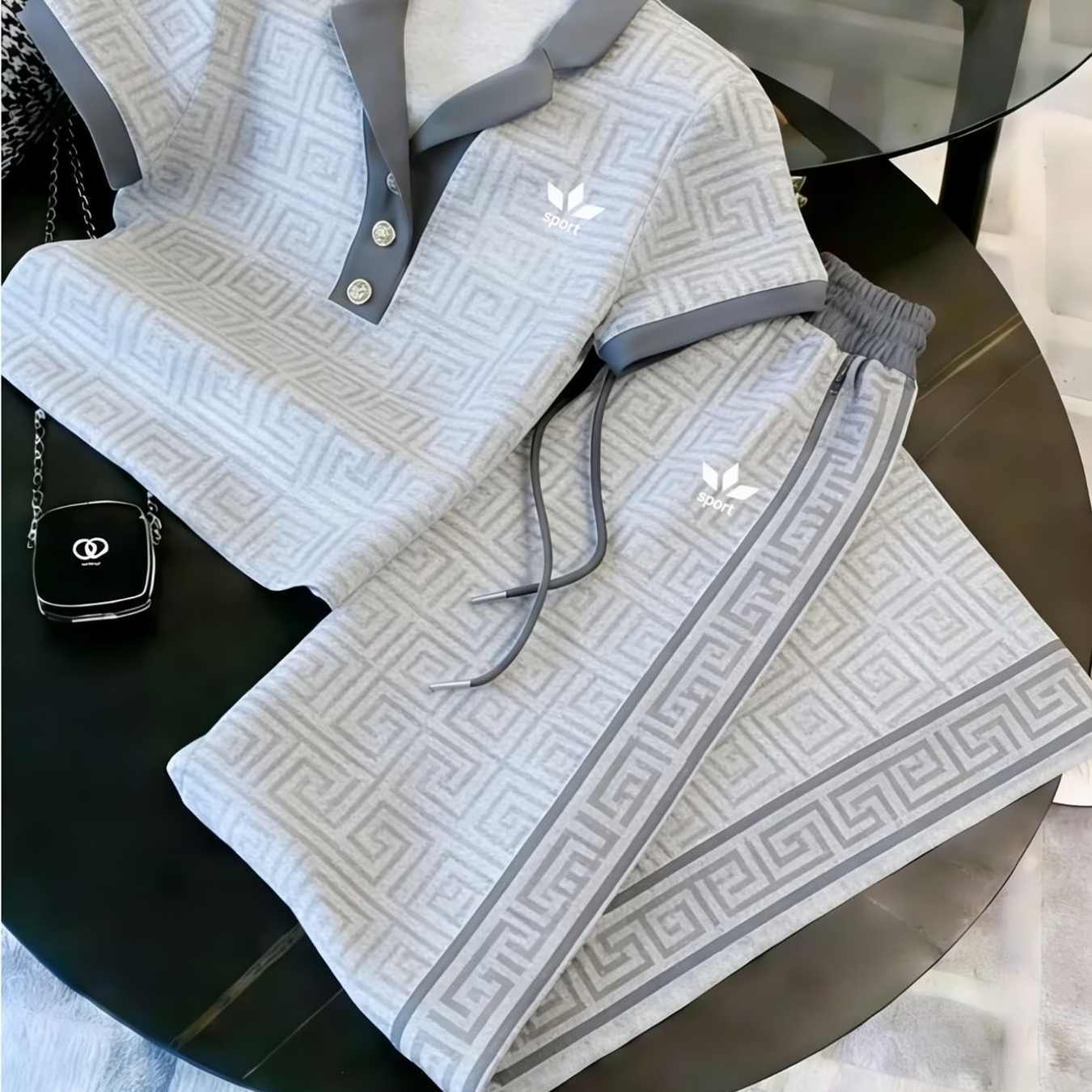 Men's Neck Short Sleeve Top Drawstring Waist Pants Set Geometric Greek Key Pattern Sporty Style Outfit For Adults Men Casual Wear Sportswear Holiday Gift