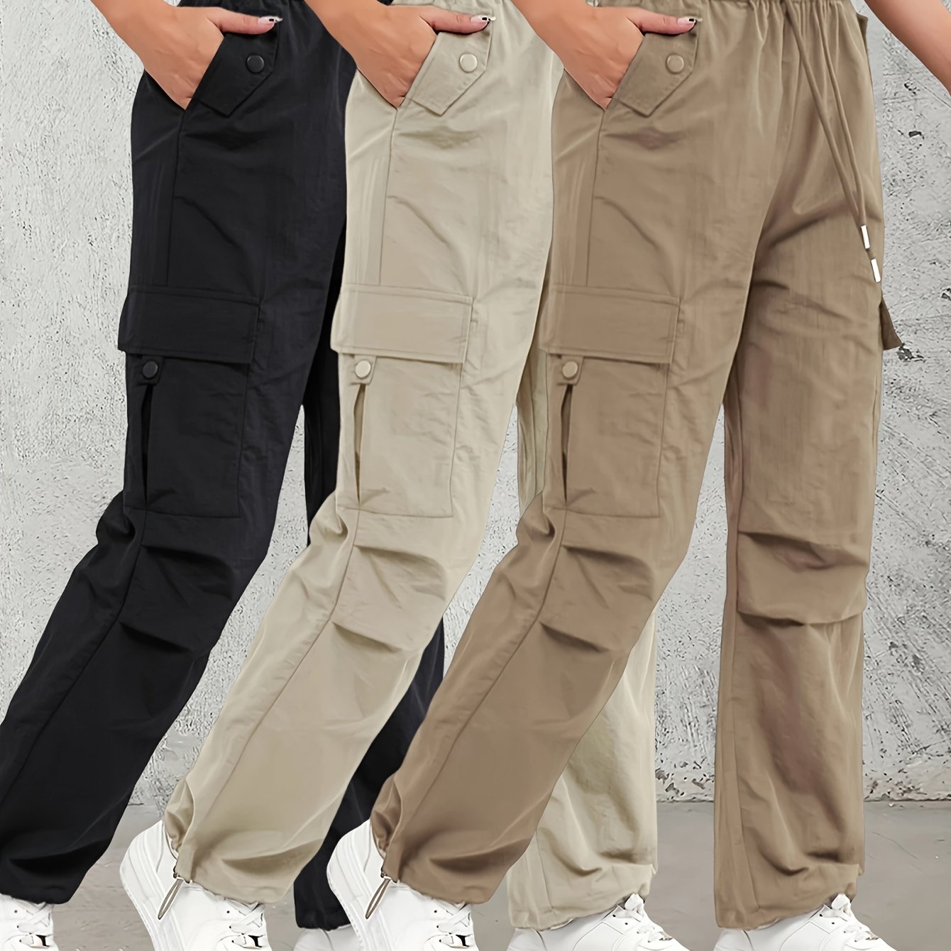 TEMU 3pcs High-waisted Work Pants For Women With Elastic Drawstring Waists - Lightweight Breathable, Multiple Pockets, Suitable For Casual Wear ,