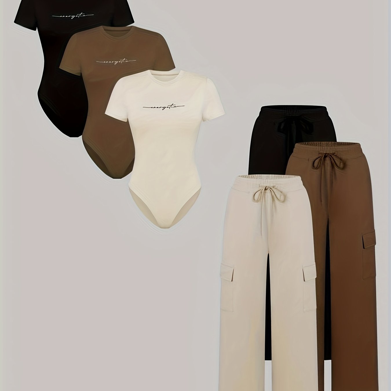 Image of And Summer Collection Of 6pcs Set For Women Featuring Casual, Elegant, And Business Styles. Includes Fitted Solid Color And Printed Short-sleeve Bodysuits