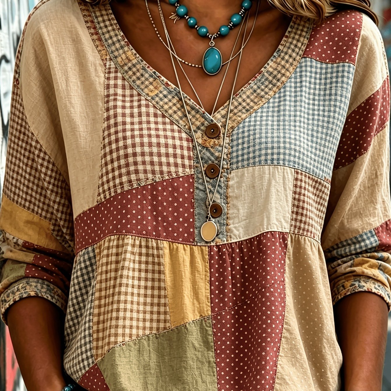 Boho Floral V-neck Button Henley Blouse Women's Long Sleeve Casual Vacation Shirt