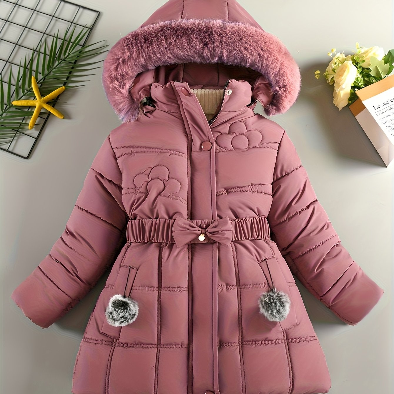Girls' Casual Fashion Belt Detachable Plush Hat Dress Coat Winter 1pc 4