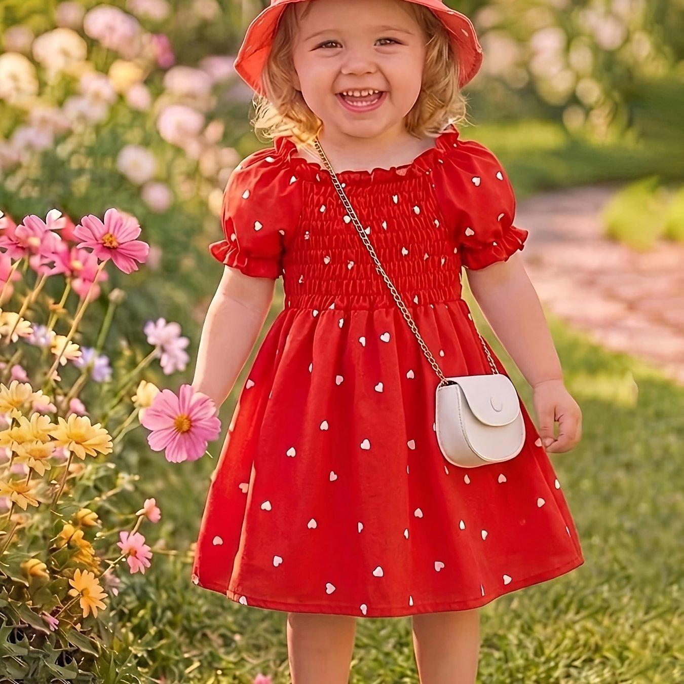 Image of Sweet Two-piece Set For Girls Aged 0-3, Heart Bubble Sleeve Dress With Drawstring , Includes A Cute Hat, Suitable For Summer