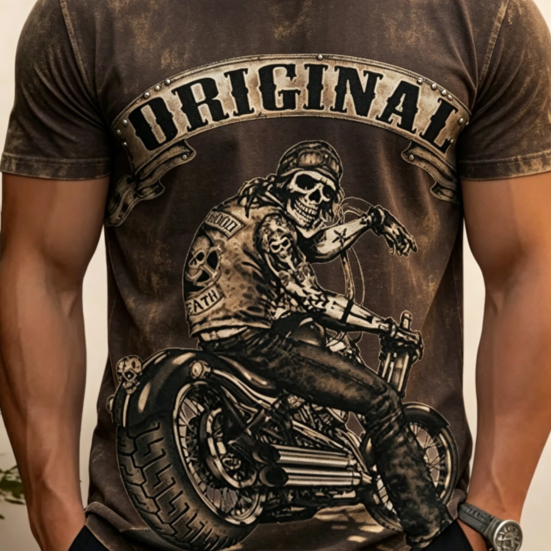 TEMU Men's T-shirt, Distressed Washed Skull Biker Print Short Sleeve Tee, Soft Comfortable Lightweight , Suitable For Outdoor Gatherings And Daily
