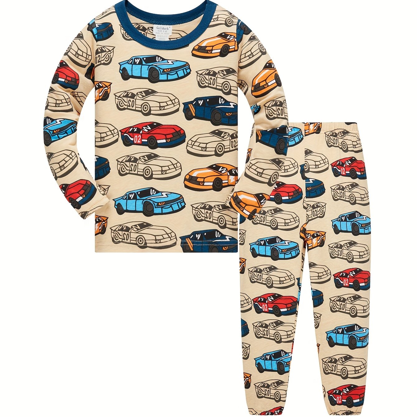 Boys' Long-sleeve And Long-pants Air-conditioned Clothing Set For Children Ages 1-8, Spring, Summer, And , Apricot Color With Cute Sports Car Pattern, Comfortable And Casual Base Layer Loungewear Set