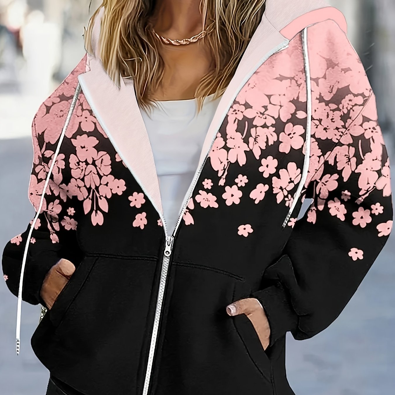 TEMU Plus Size - Plus Size - Plus Size Women's Printed Hooded Zip-up Sweatshirt - Loose Casual Winter Pullover, With Front Zipper And Pockets, Black