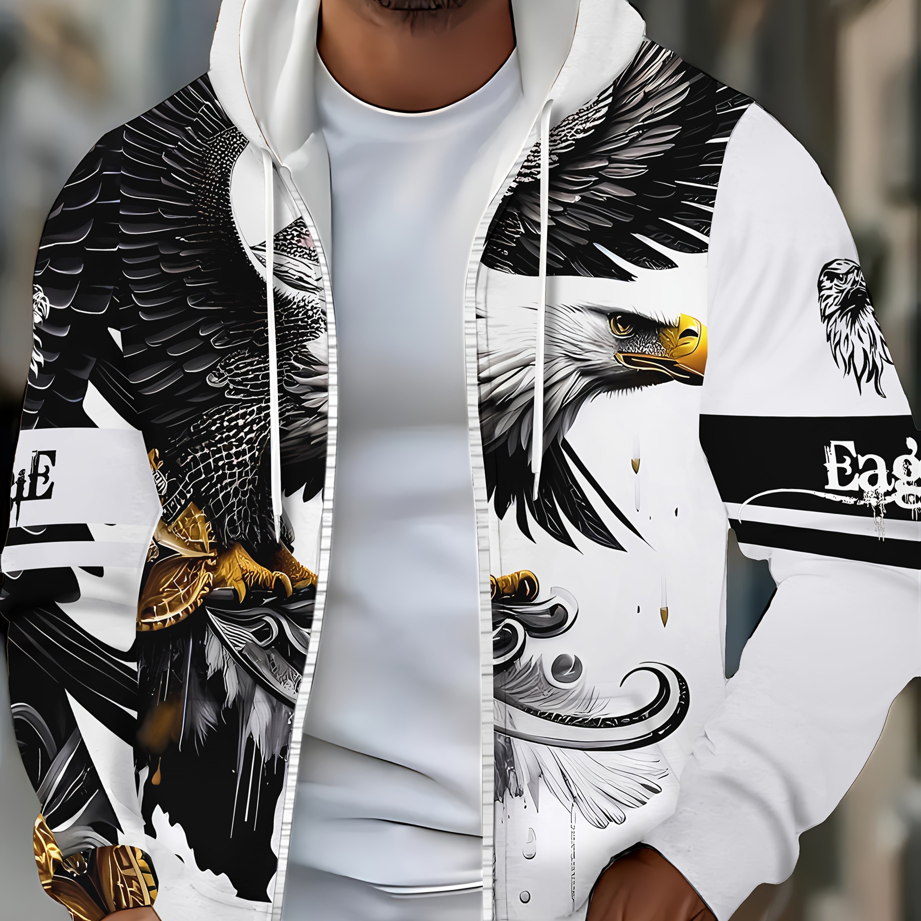 Image of Men's Long-sleeve Zip-up Hoodie Featuring An Eagle In , Perfect For Casual Outdoor Wear In Autumn And Winter, Equipped With Drawstrings And Pockets