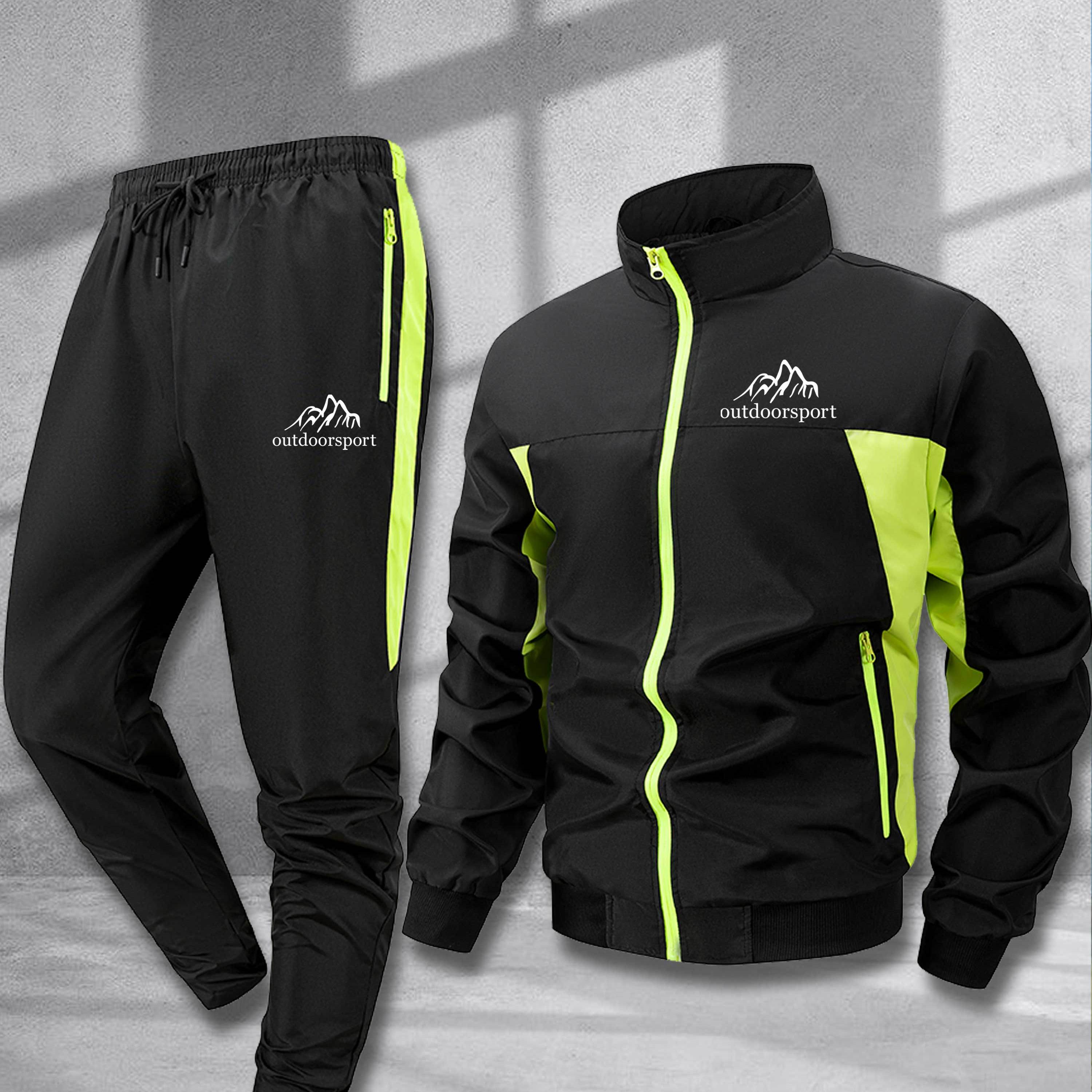 TEMU Gym Workout Men's Outdoor Sports Set, Long Sleeve Jacket With Elastic Waist Pants, Simple Outdoor Print, Basic Training Wear, Breathable Fabric,