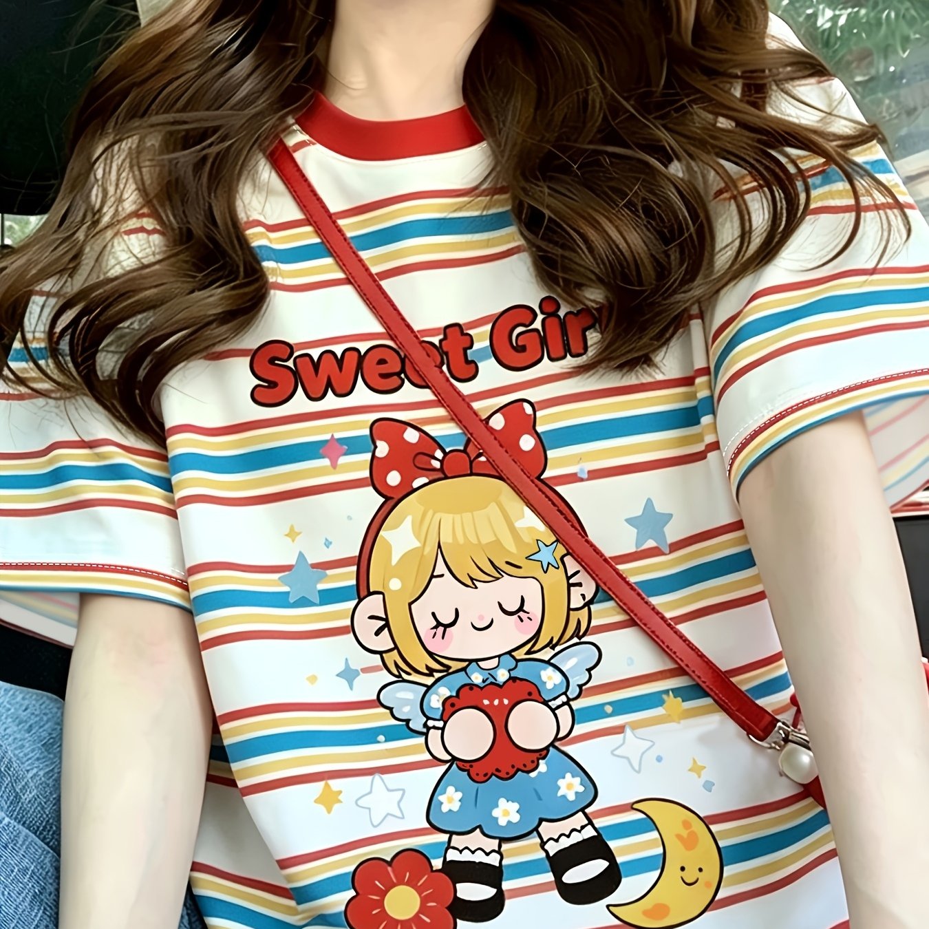 TEMU 패션 여성 의류 나이 감추는 만화 프린트 반팔 티셔츠 여성 여름 캐주얼 루즈핏 탑 [프린트 디자인 - 텍스처 없음]