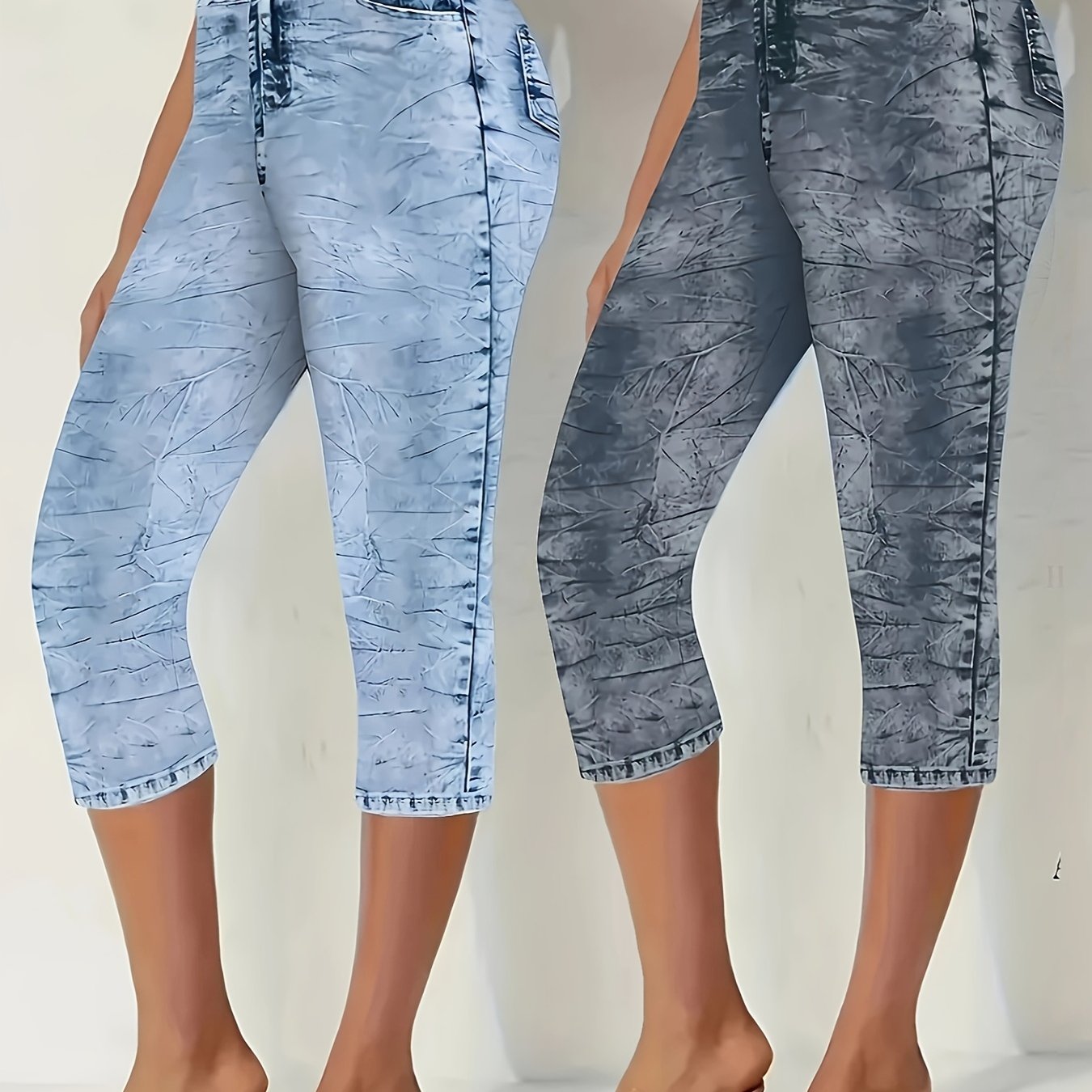 Image of Plus Size, [printed Pants - Not Denim Fabric] 2pcs Of Women's Plus Size Stretch Denim Print Shorts In Light Blue For Casual Summer Wear With An Elastic Waistband Suitable For Machine Wash