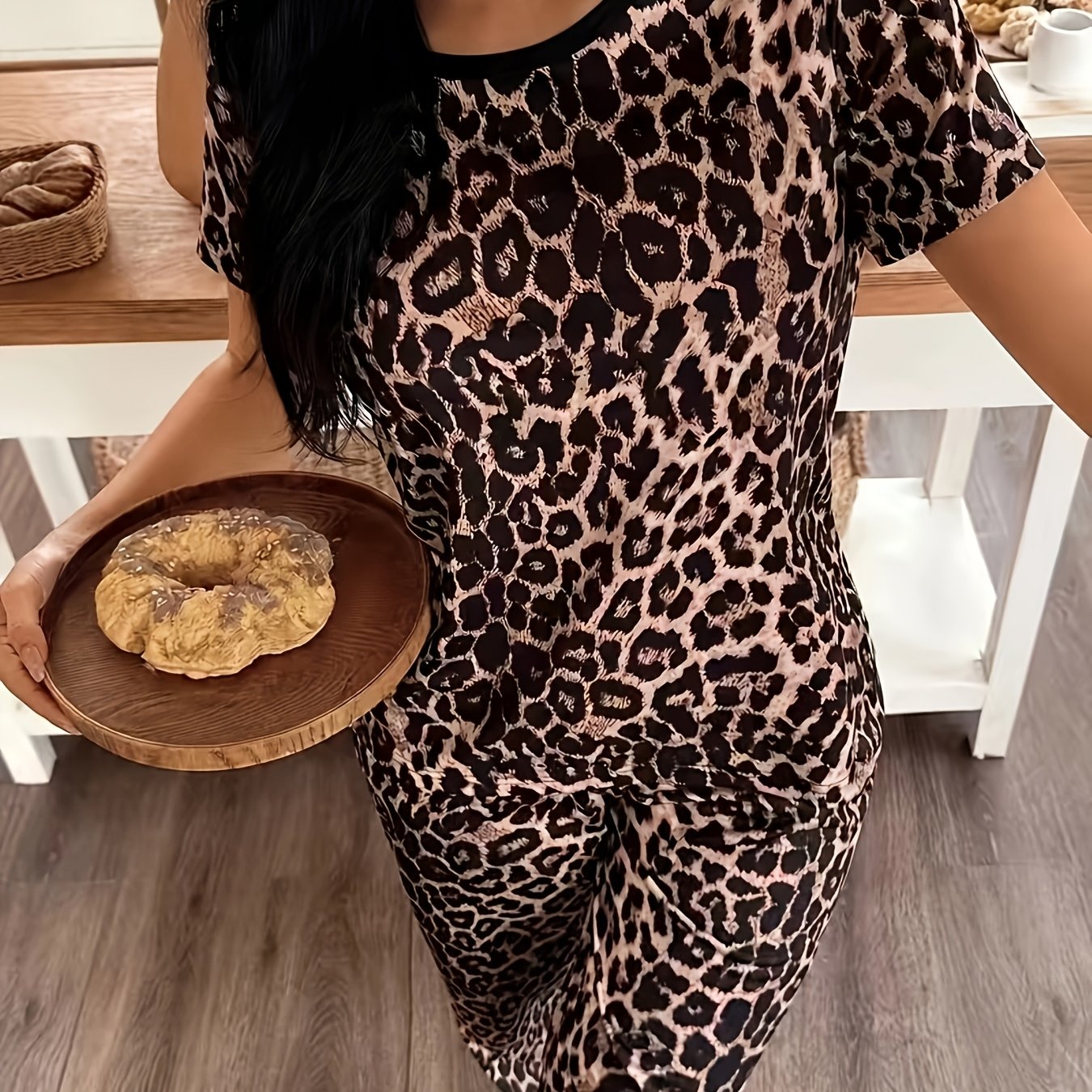 TEMU Women's Leopard Print Pattern Short Sleeve Long Pants Pajama Set