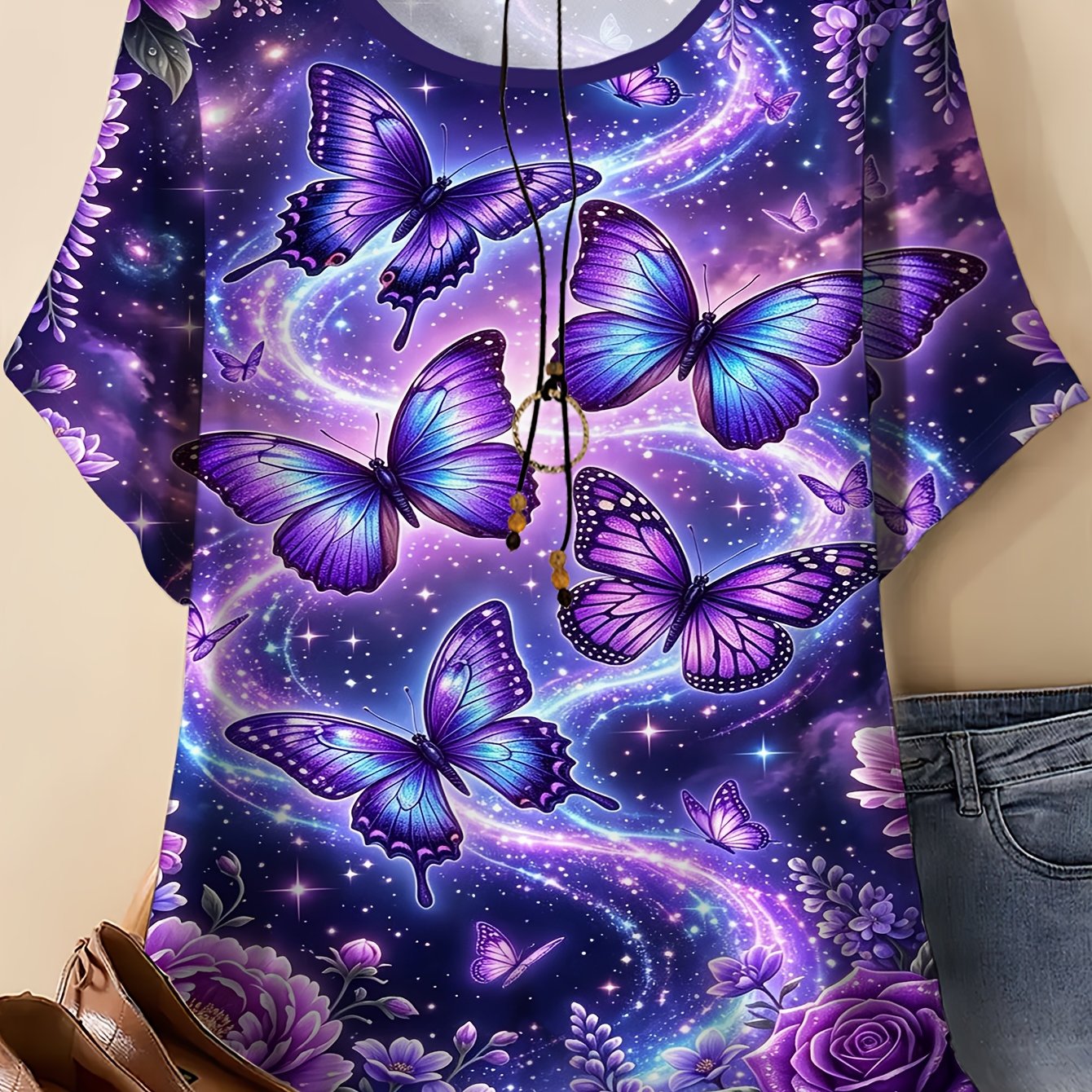TEMU Plus Size - Plus Size - Plus Size Women's Pattern T-shirt Print, Round Neck Short Sleeve Summer Top, Casual Outdoor Wear, Casual Elegant Summer