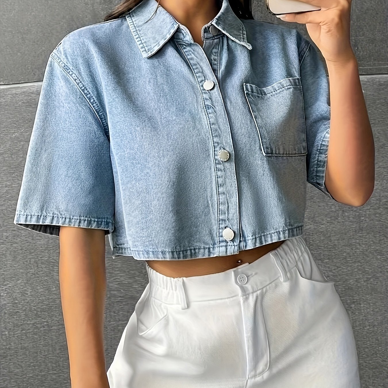 TEMU Chic Ezwear Light Blue Denim Shirt With Patch Pocket - Drop Shoulder, Button-up, Short Sleeve, Non-stretch Polyester, Machine Washable - Elegant Summer Style For Women