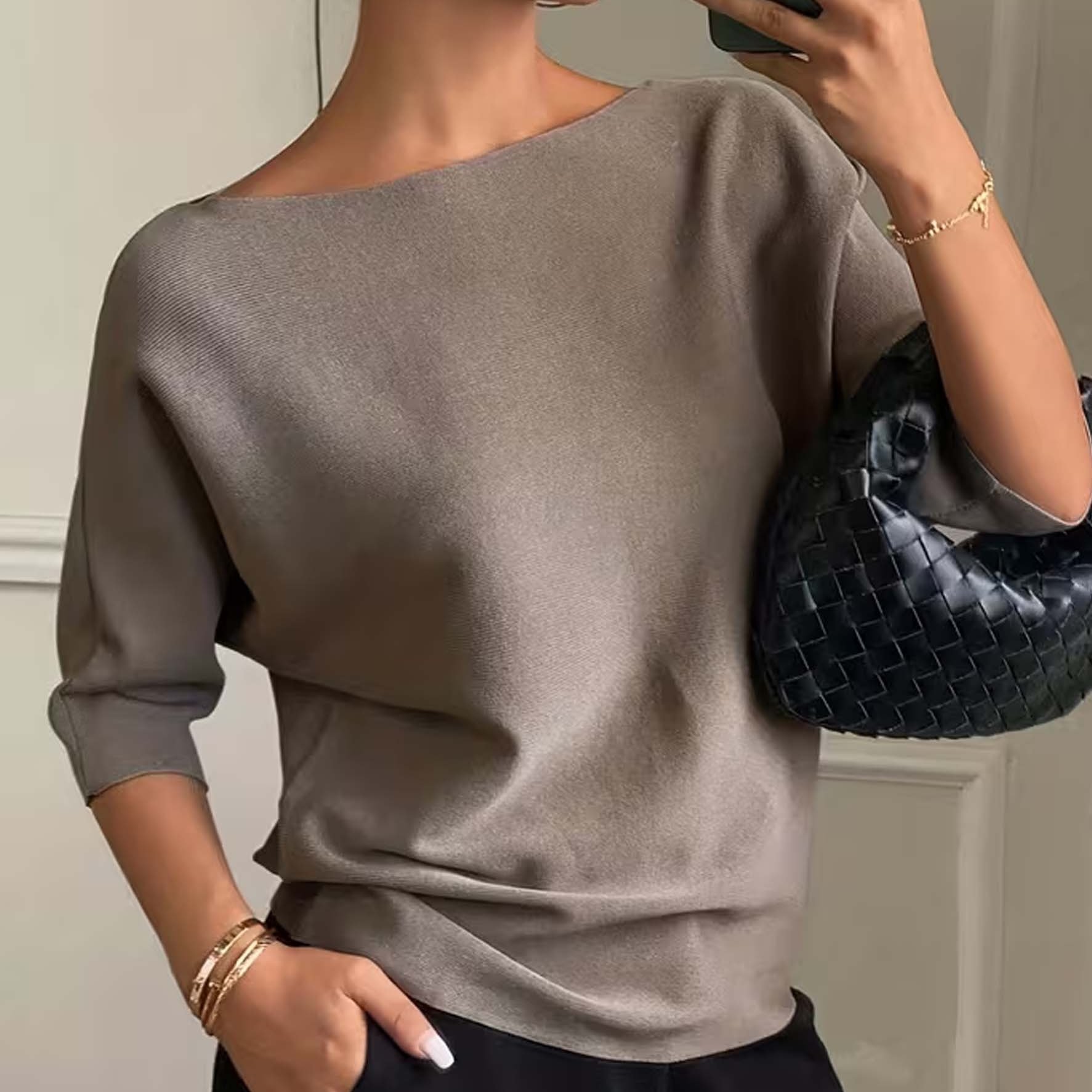 Elegant Round Neck Solid Color Loose-fitting Versatile, Soft Mid-sleeve Off-shoulder Pullover, Suitable For Daily Casual