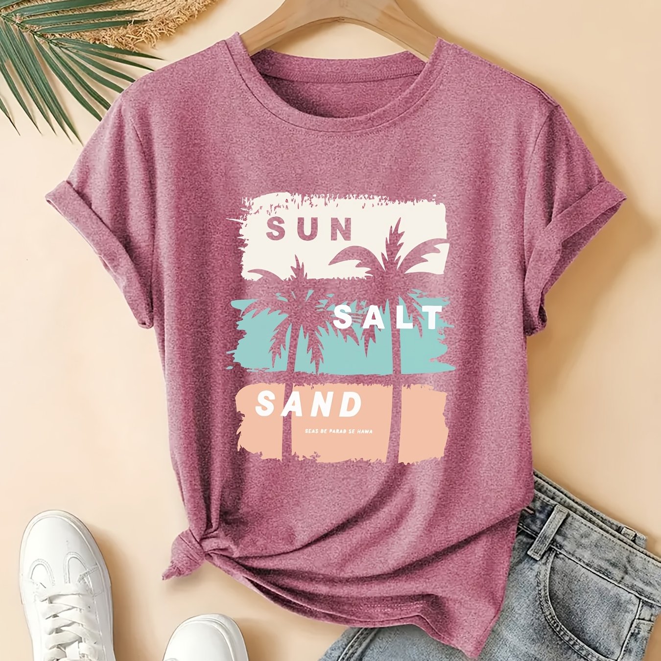 TEMU Women's Plus-size Casual T-shirt Featuring Salt Sand Coconut Tree Color-block Print, Perfect For Spring, Summer, And Autumn. This Stylish