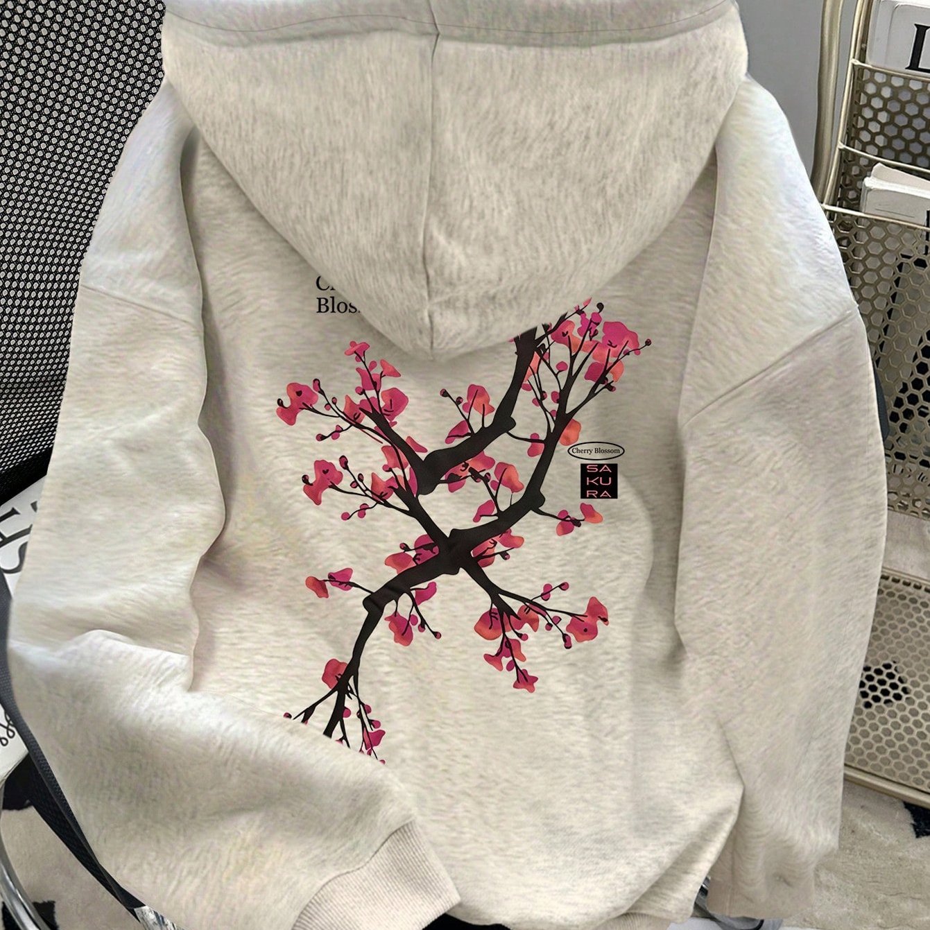 TEMU Women's Plum Print Hooded Sweatshirt - Japanese-inspired Cherry Design, Soft Fleece Pullover With Kangaroo Pocket, Casual & Sporty Outerwear,