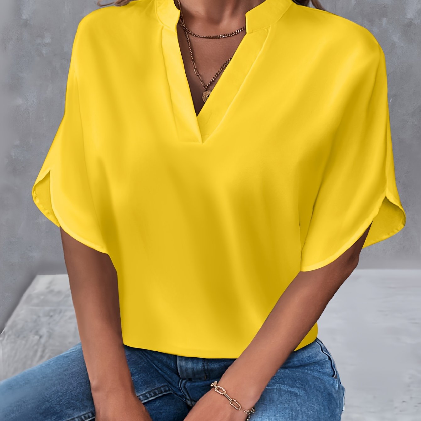TEMU Solid Color Neck Blouse, Casual Short Split Sleeve Blouse For , Women's Clothing