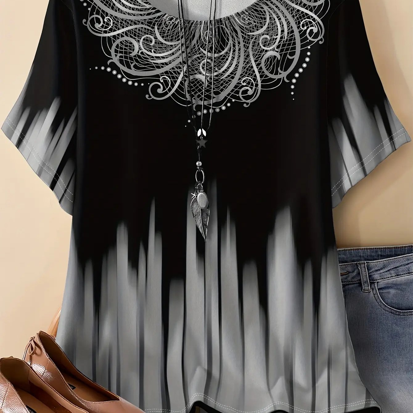 Plus Size - Plus Size - Plus Size Loose Gradient Print Round Neck T-shirt, Women's Casual Comfortable Short Sleeve Top, No Additions