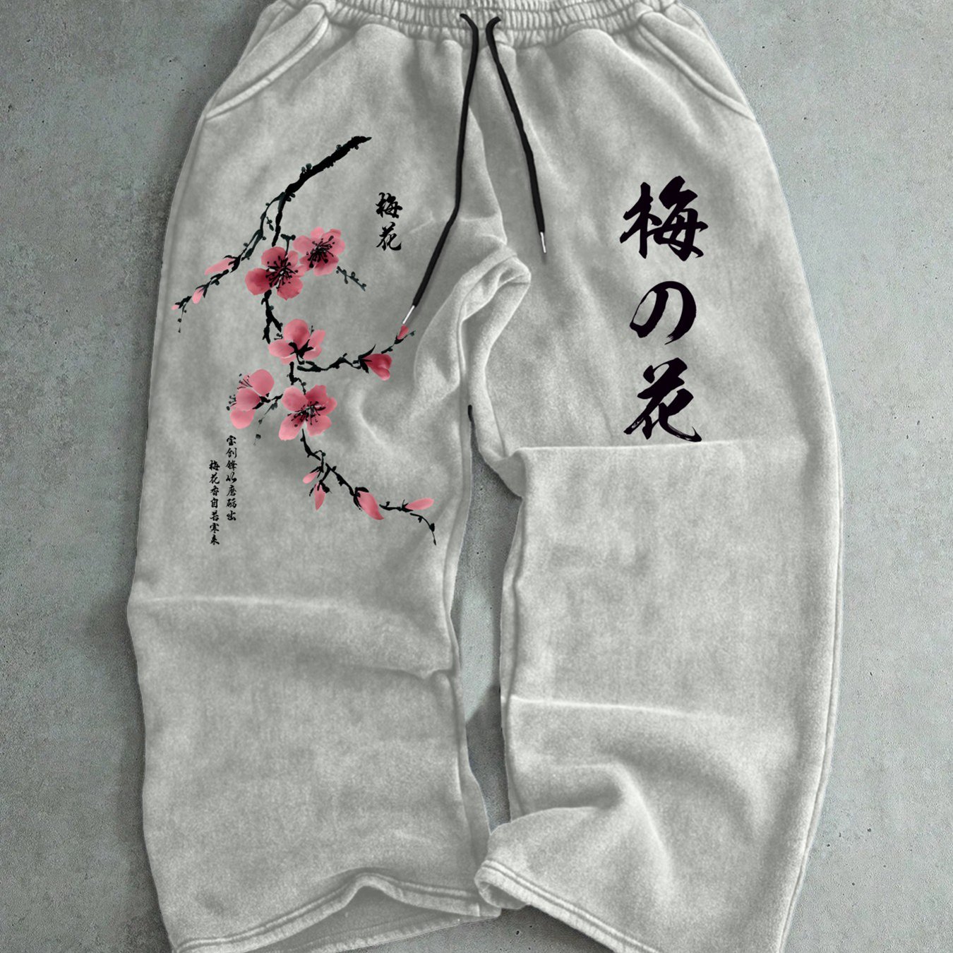 TEMU Men's Casual Long Pants S-2xl Size Regular Fit Plum Print And Japanese Text Design Comfortable Skin-friendly Daily Wear Trousers Loose Fit