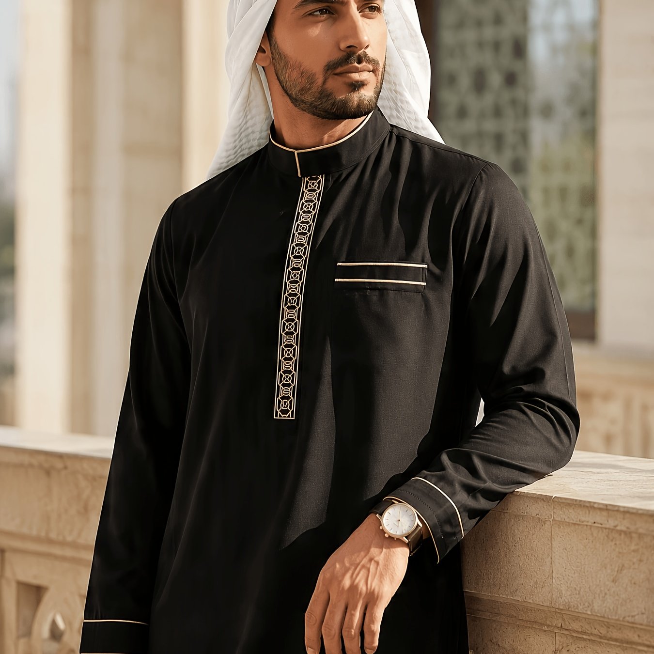 Men's Arabic Thobe With Golden Embroidery - Stand Collar, Long Sleeves | Traditional Kaftan For Ramadan, Eid & Casual Attire