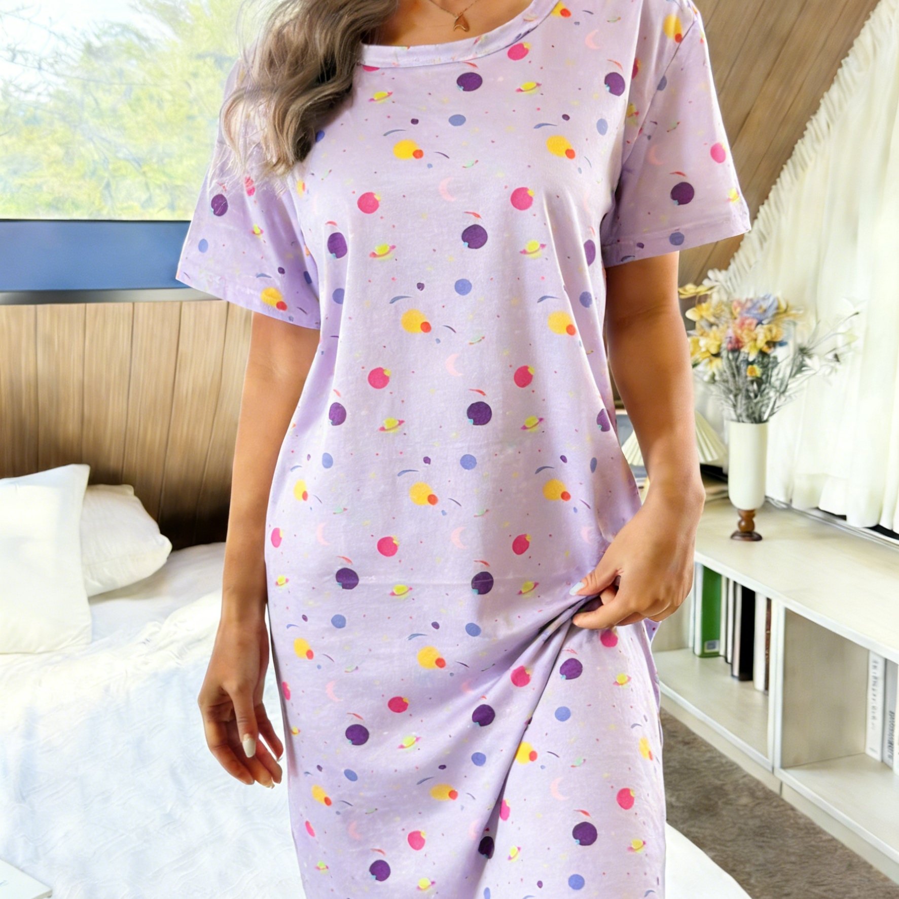 TEMU Summer Women's Nightgown, Cute Cartoon Round Neck Starry Casual Pajamas, Lightweight Loungewear