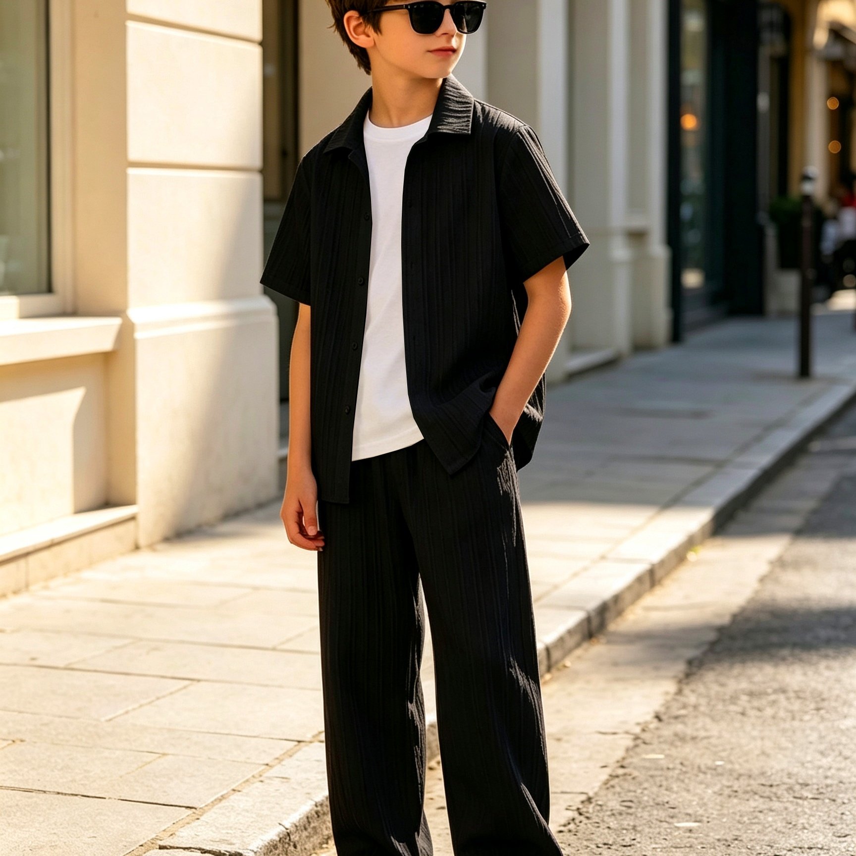 Boys' Big & Tall Youth 130-170 Size Fashionable Casual Light Business Loose Textured Striped Shirt Top & Trousers Set, Perfect For Outdoor