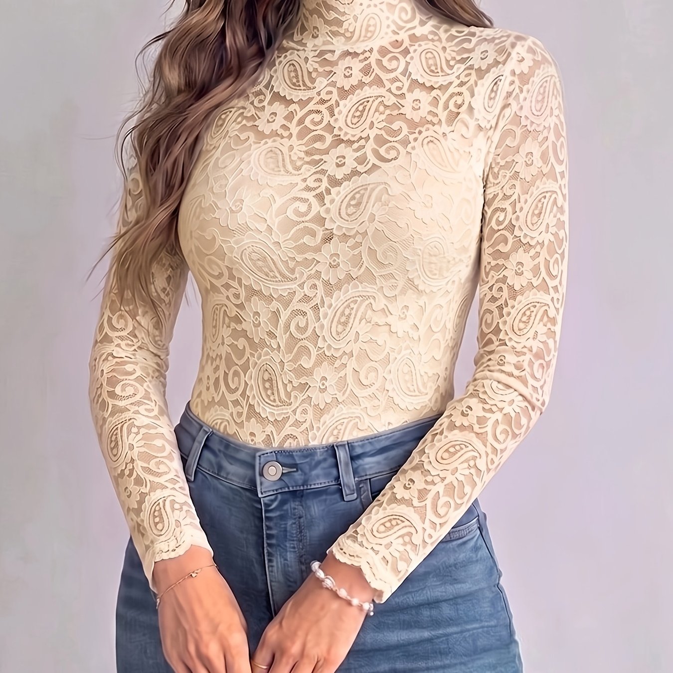 E-shop Hochgeschlossenes Oberteil mit Spitze, elegantes Langarmoberteil für Frühling & Herbst, Damenbekleidung