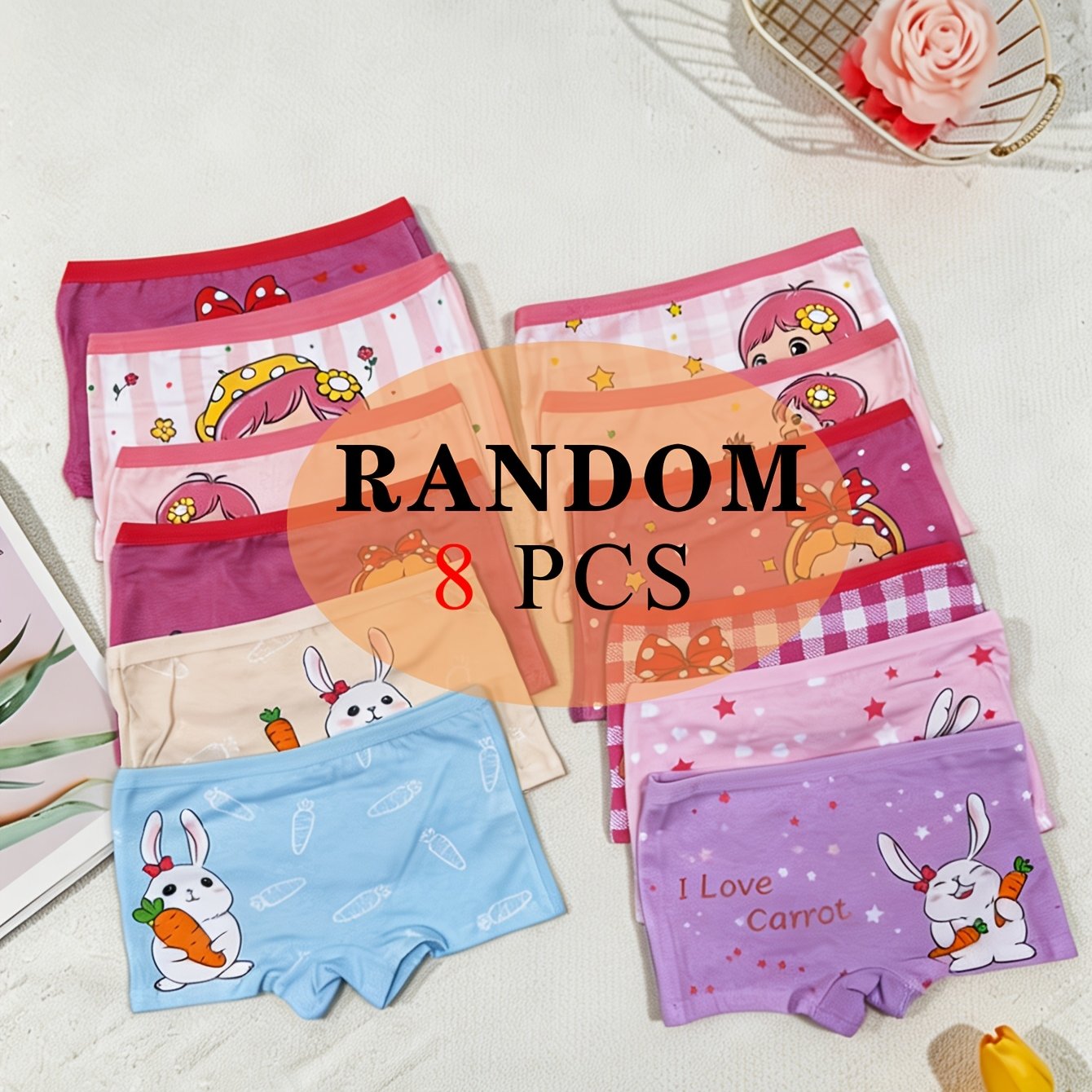 Random 8pcs Set Of Girls' Briefs Comfortable Breathable Cartoon Print Patterns Girls' Underwear