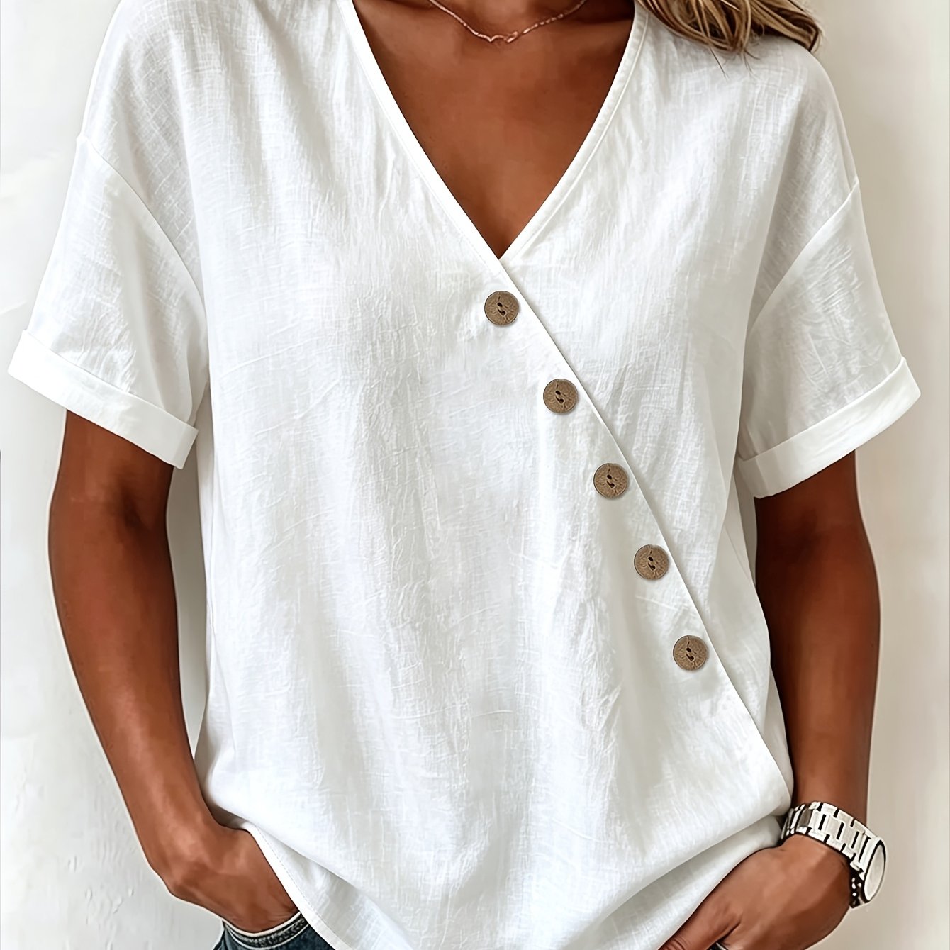 TEMU Women's V-neck Fabric Shirt T-shirt With Diagonal Button Placement, Rolled Hem Short Sleeves, Loose Fit, Summer Daily Casual Top